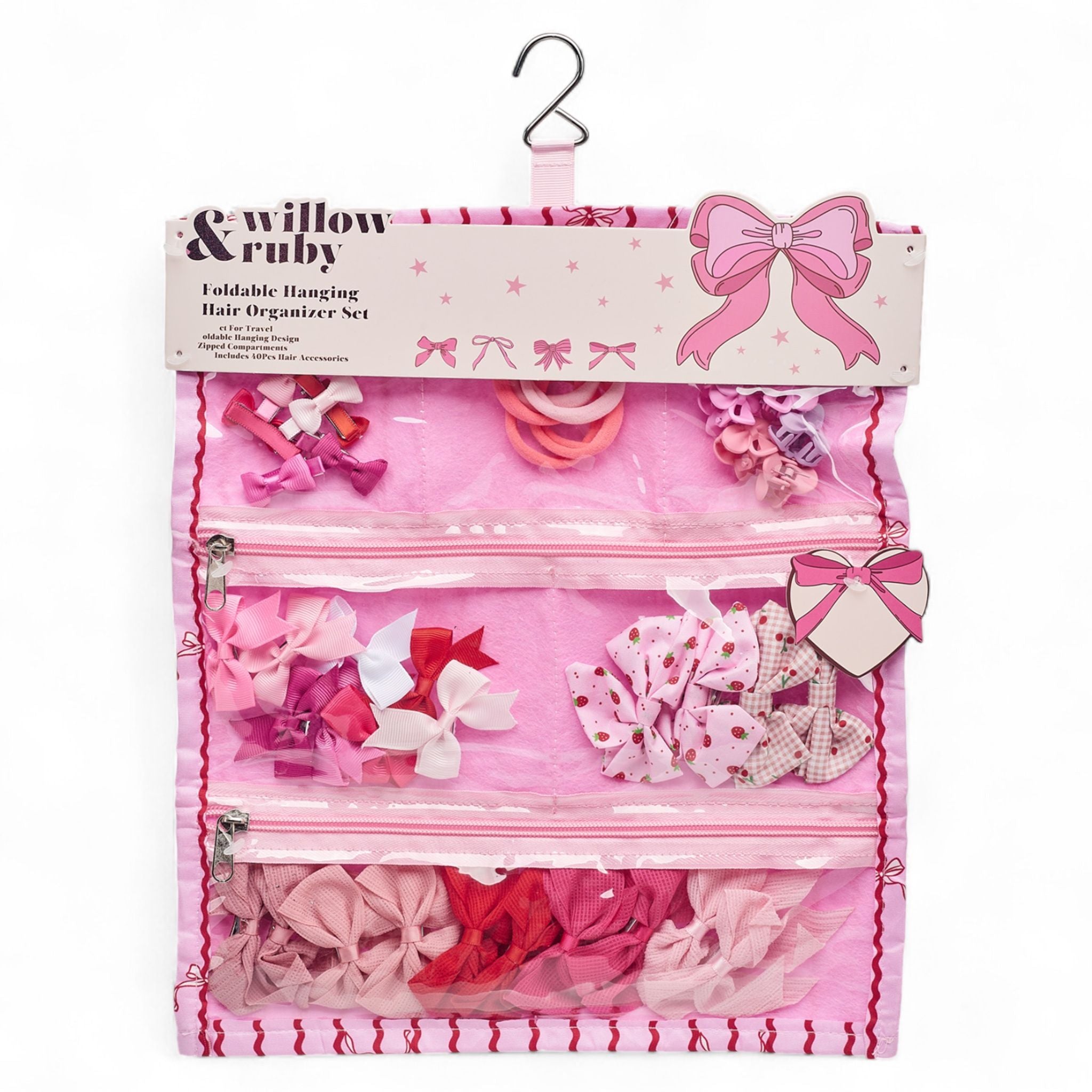 WIllow & Ruby 40pc Girls' Hair Bow & Clip Set with Foldable Travel Organizer for Infant, Baby, Child, Kids - Pink