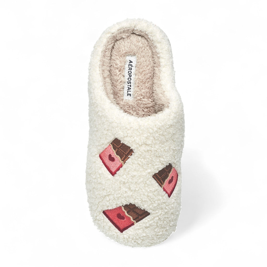 Aéropostale Women’s Fuzzy Chocolate Bar Mule Slippers – Ivory Slip-On House Shoes with Sweet Embroidered Candy Bars & Hearts
