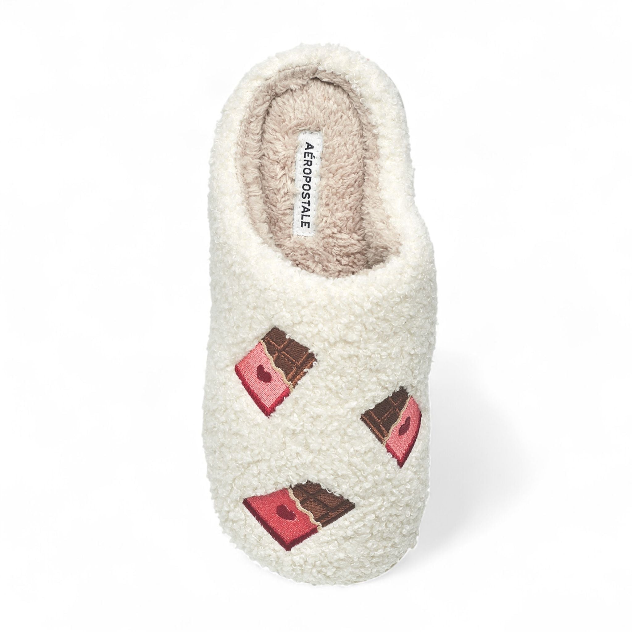Aéropostale Women’s Fuzzy Chocolate Bar Mule Slippers – Ivory Slip-On House Shoes with Sweet Embroidered Candy Bars & Hearts