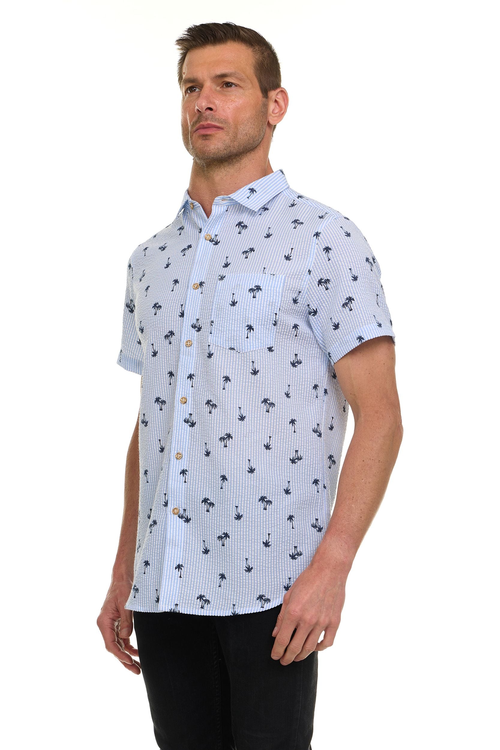 Canada Weather Gear Men’s Seersucker Short Sleeve Shirt with Allover Palm Print – Lightweight Button-Down Casual Shirt