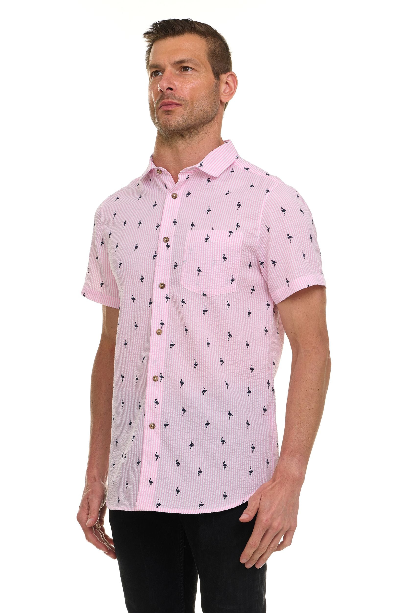 Canada Weather Gear Men’s Seersucker Short Sleeve Shirt with Allover Palm Print – Lightweight Button-Down Casual Shirt