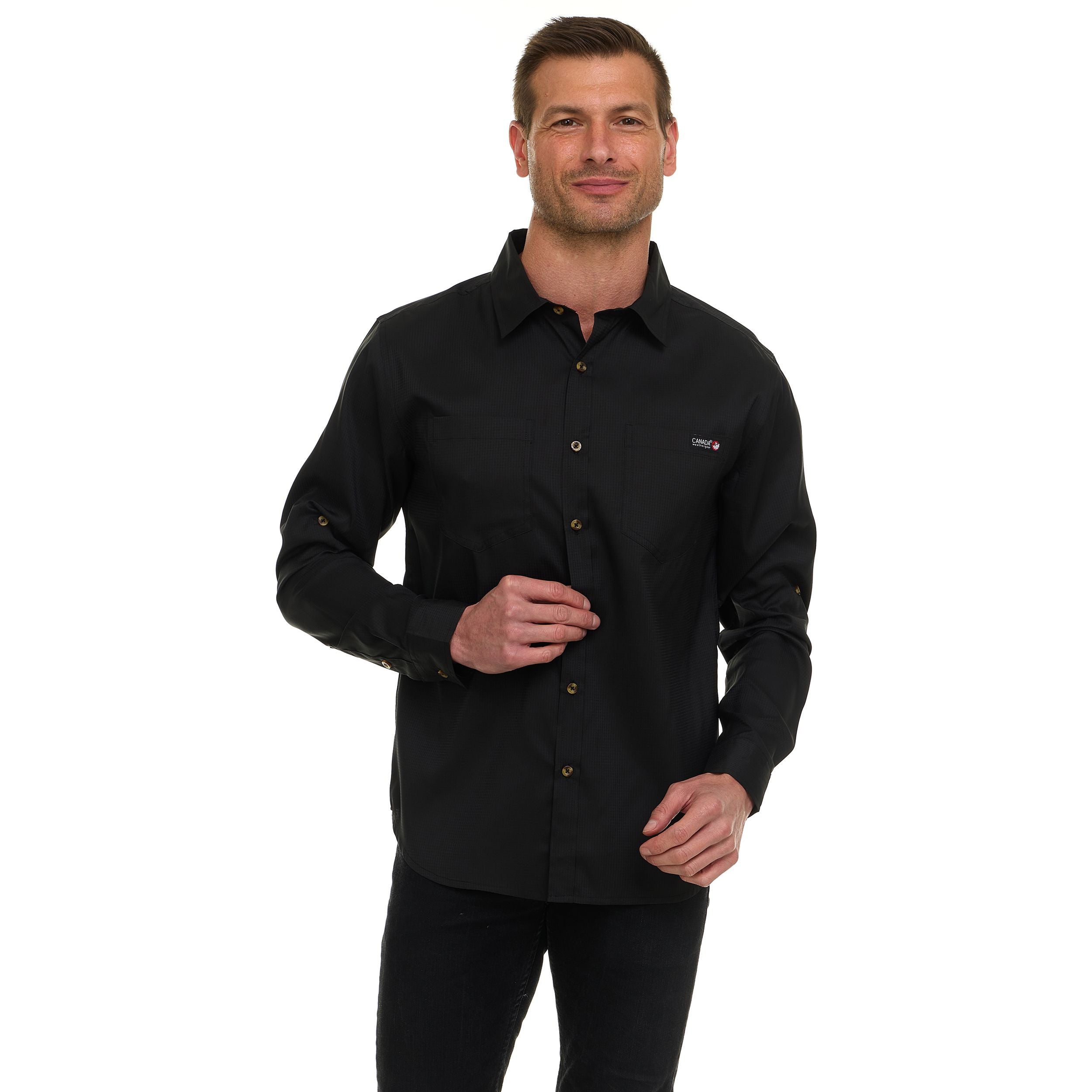 Canada Weather Gear Men’s Long Sleeve Ripstop Shirt – Roll-Up Sleeves, Dual Chest Pockets, Outdoor Lightweight Button-Down