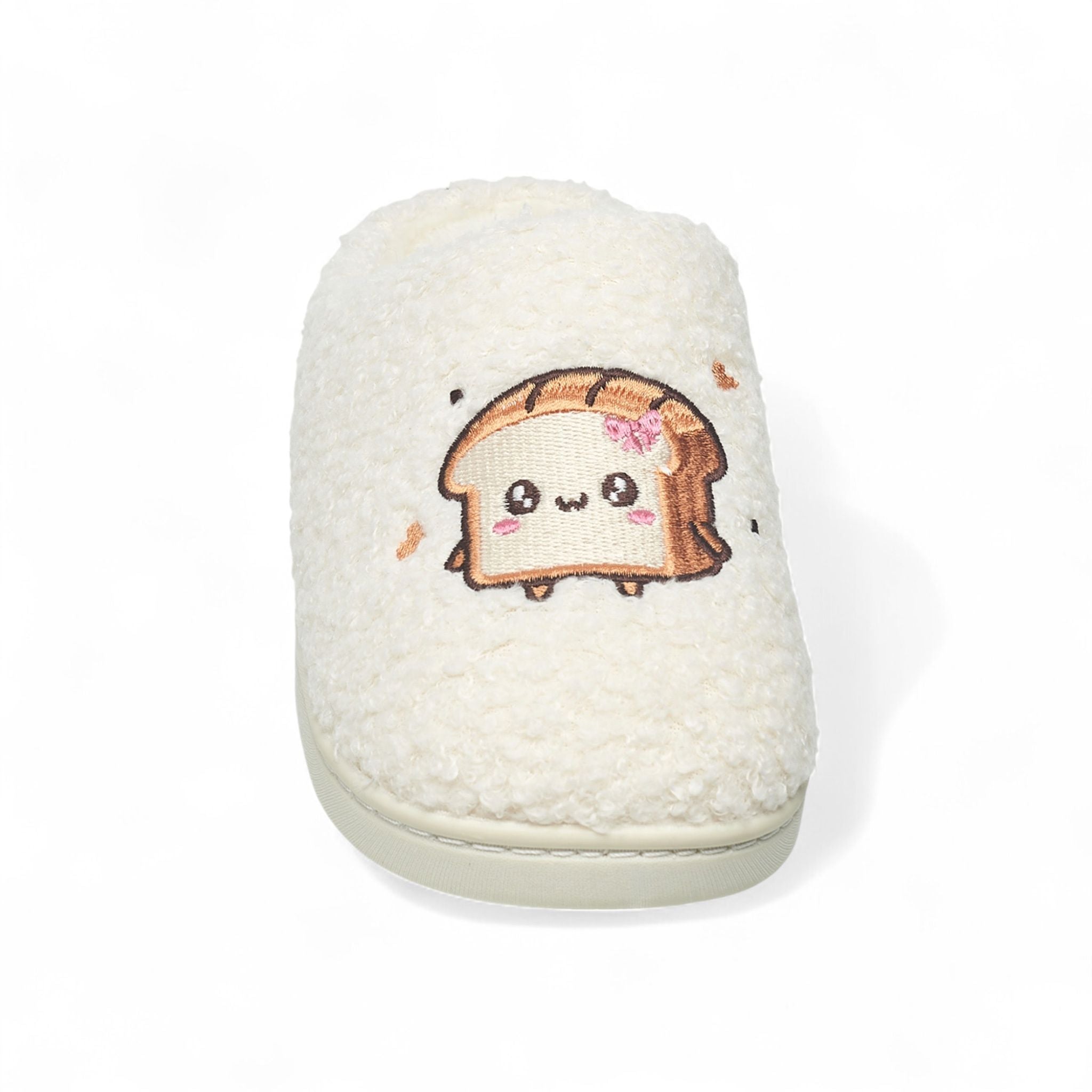 Aéropostale Women’s Fuzzy “Kawaii Toast” Mule Slippers – Ivory Slip-On House Shoes with Cute Bread Slice Embroidery, Plush Lining in Small