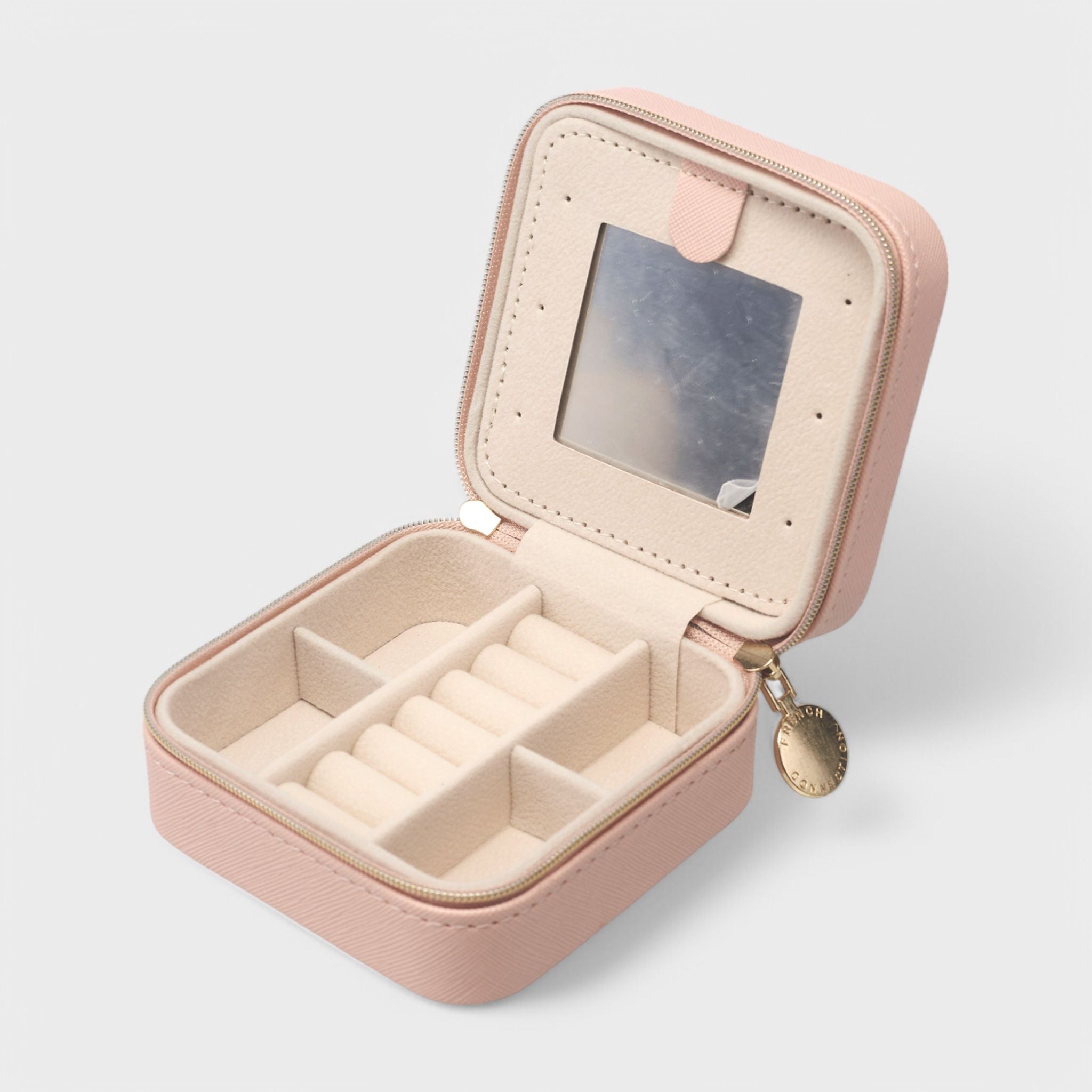French Connection Small Travel Accessory Organizer with Mirror – Compact Jewelry Storage Box, Faux Leather
