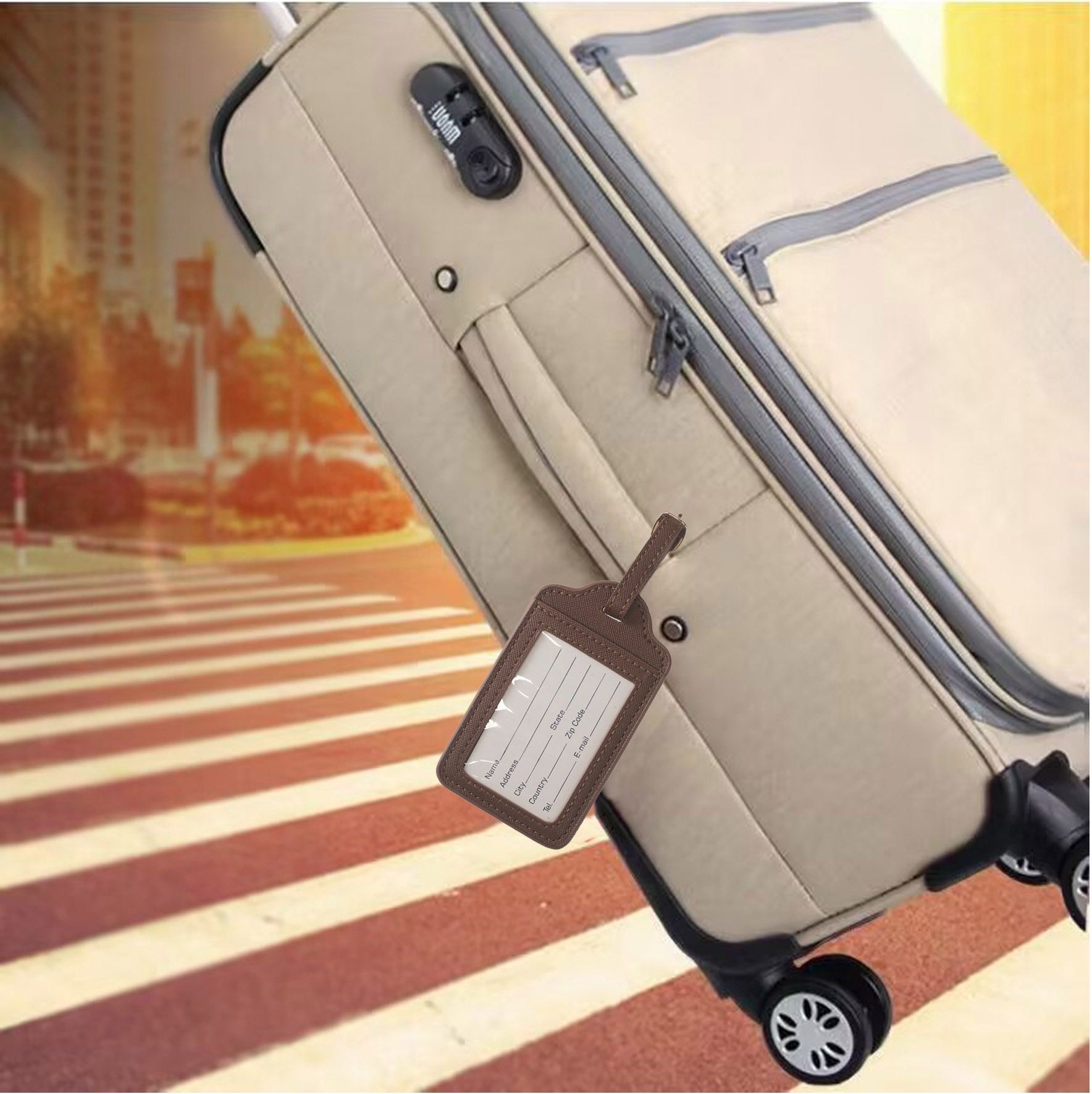 French Connection 4-Pack Premium Luggage Tags - Durable Faux Leather Travel ID Labels with Secure Buckle