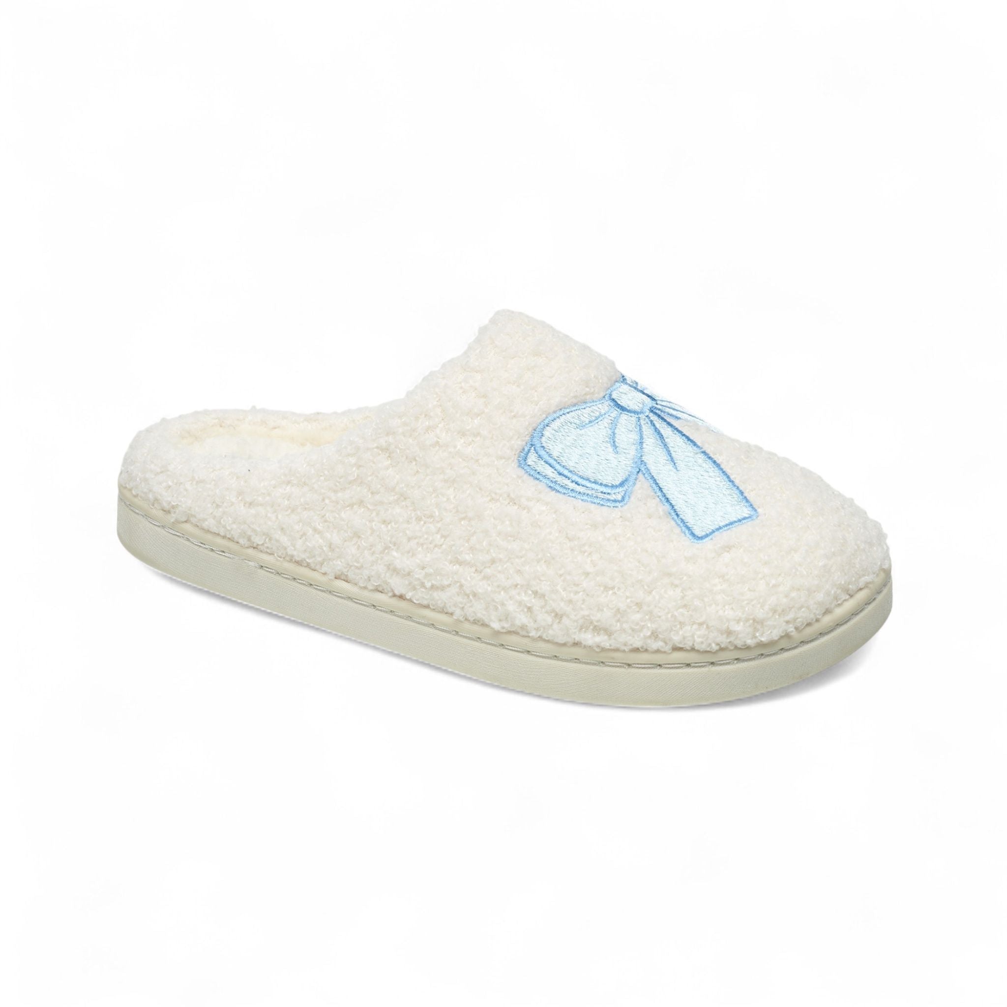 Aéropostale Women’s Fuzzy Pile High Fleece Bow Mule Slippers – Ivory Slip-On House Shoes with Light-Blue Embroidered Bow
