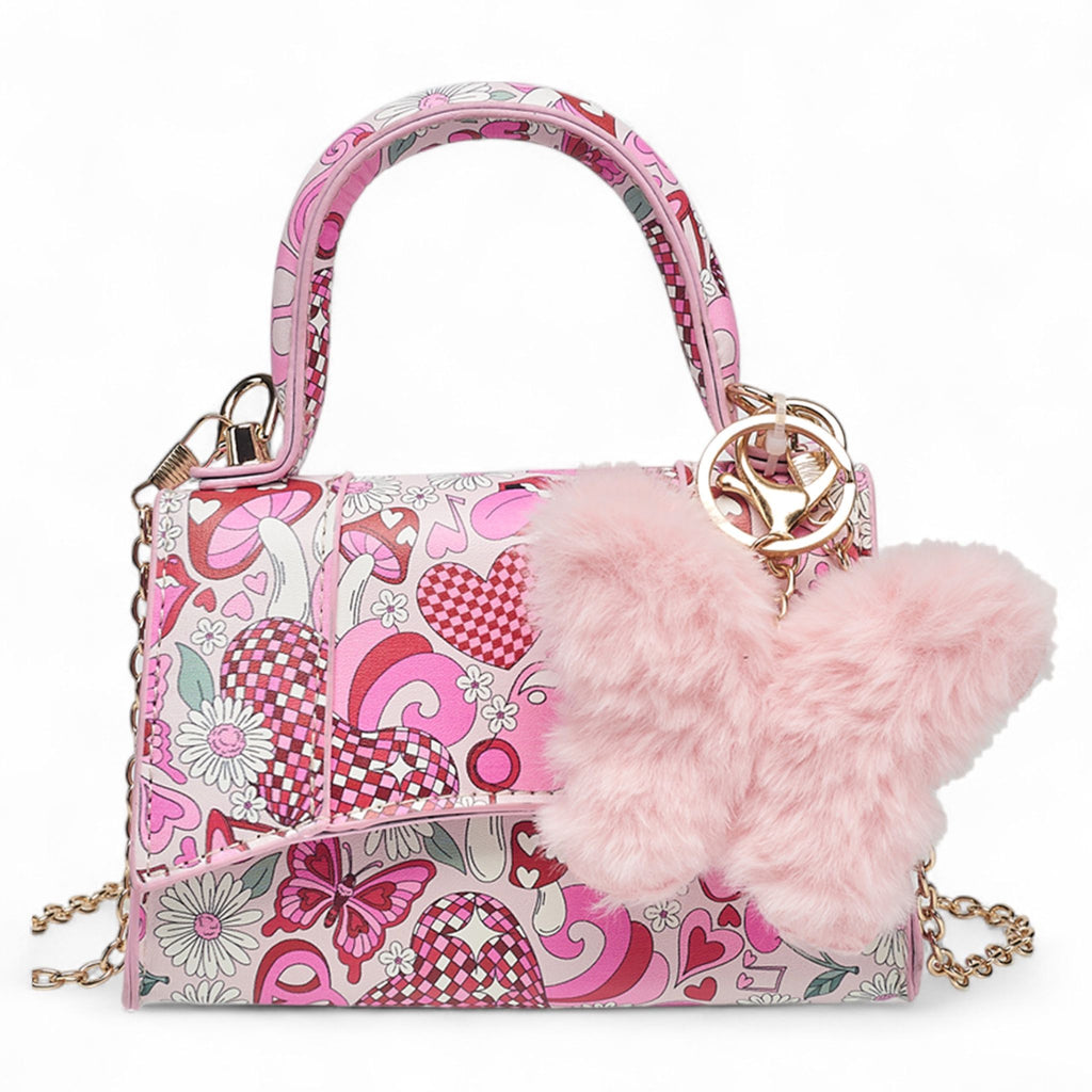 Willow & Ruby Girls' Mini Groovy Love & Peace Print Top Handle Crossbody Bag with Fluffy Butterfly Charm