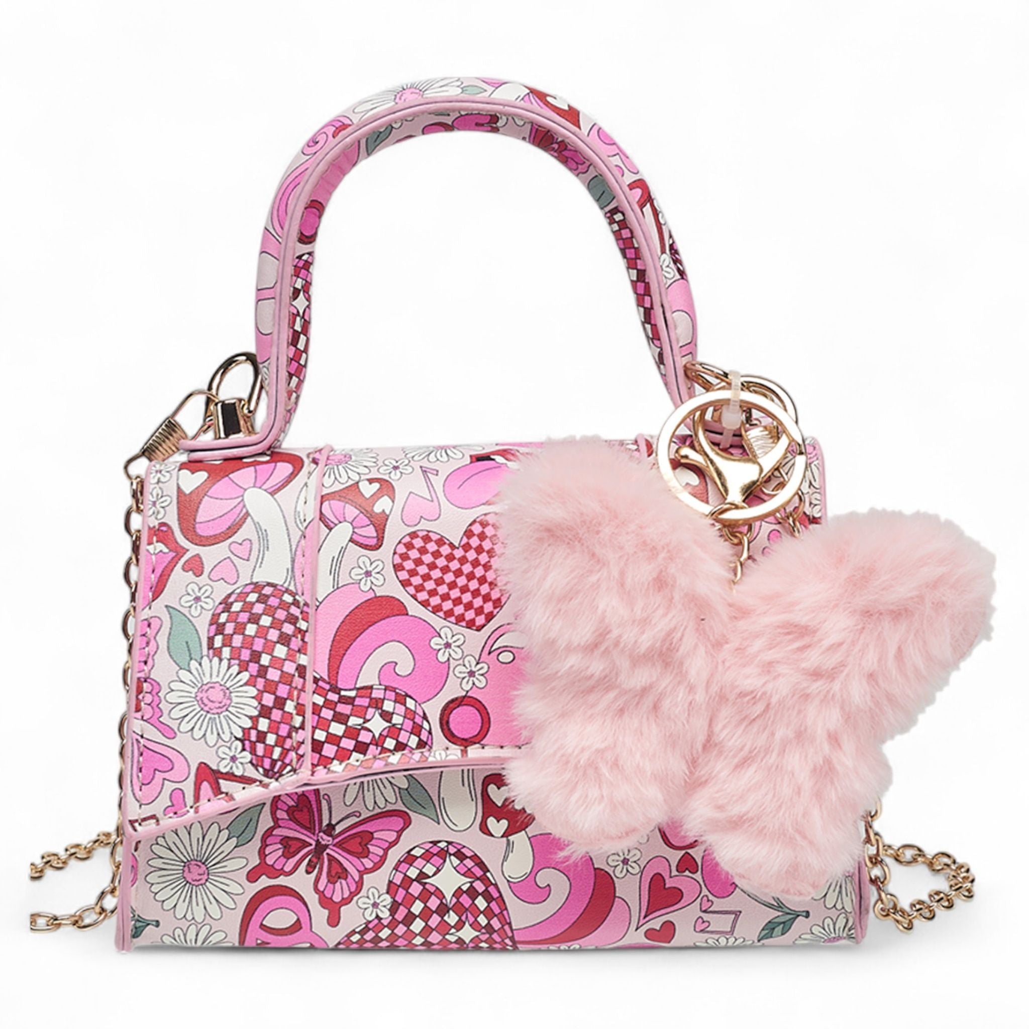 Willow & Ruby Girls' Mini Groovy Love & Peace Print Top Handle Crossbody Bag with Fluffy Butterfly Charm