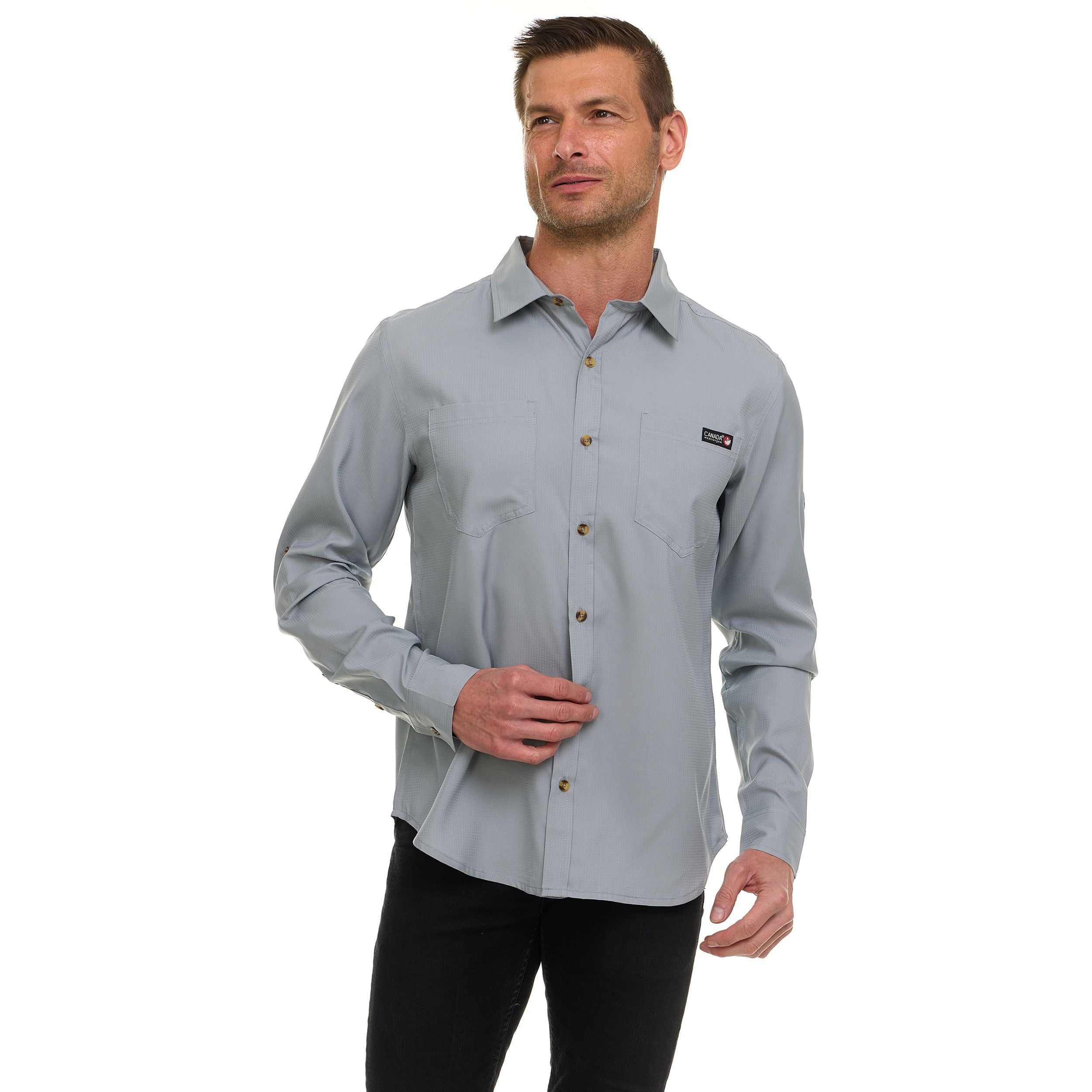 Canada Weather Gear Men’s Long Sleeve Ripstop Shirt – Roll-Up Sleeves, Dual Chest Pockets, Outdoor Lightweight Button-Down