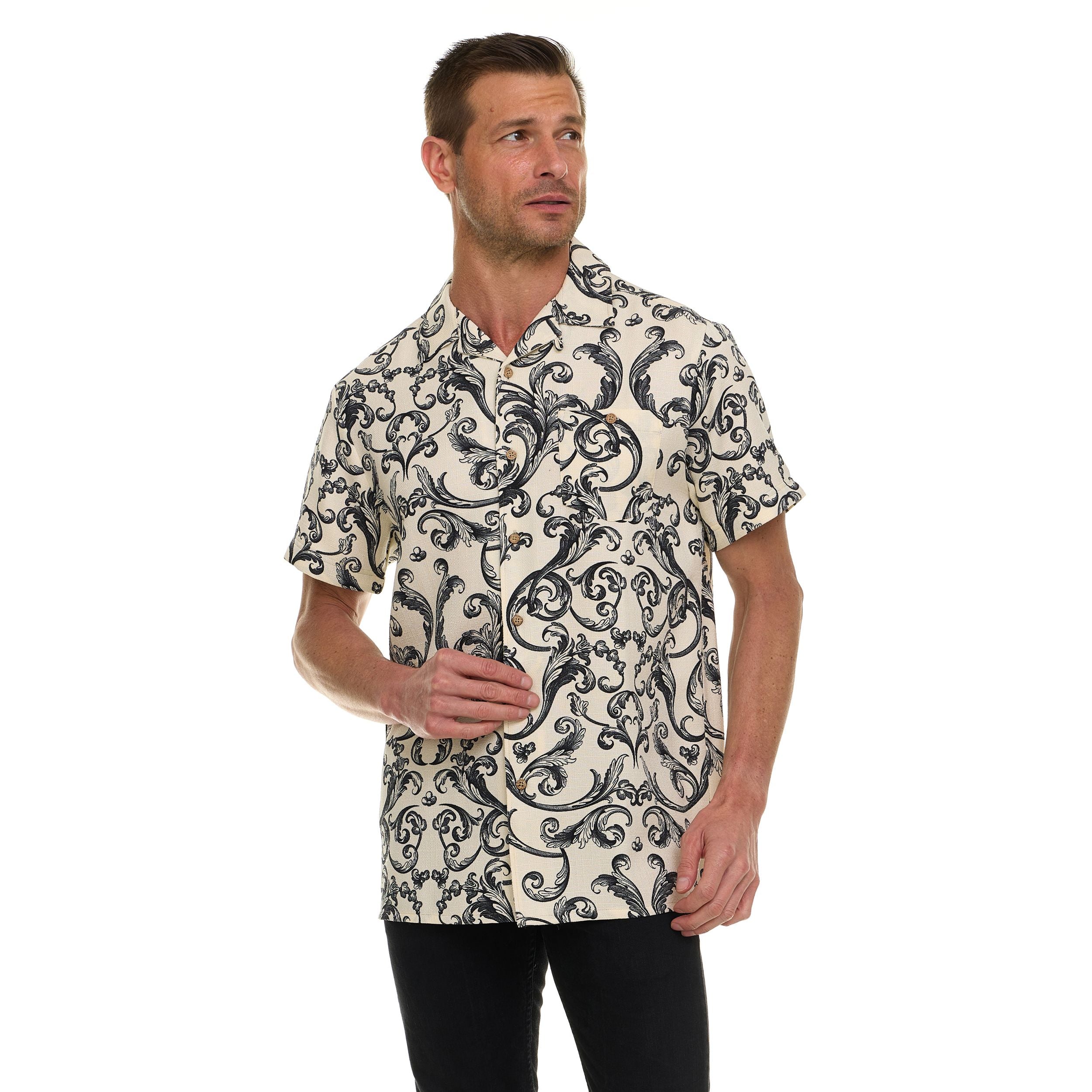 Super Triple Goose Men’s Textured Printed Camp Collar Shirt – Vintage-Inspired Stretch Shirt with Moisture Wicking & Easy Care
