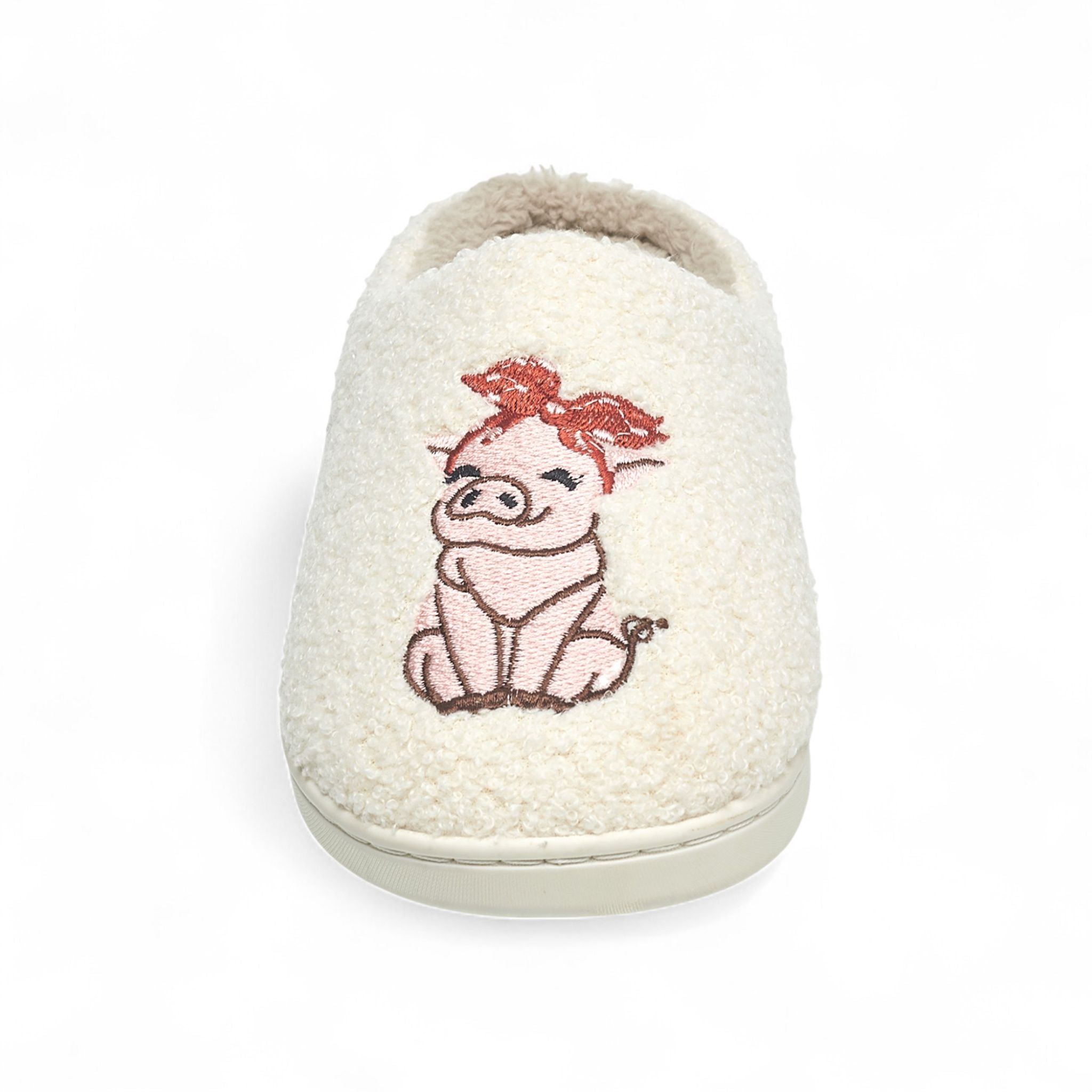 Aéropostale Women’s Fuzzy Pig Mule Slippers – Ivory Slip-On House Shoes with Cute Pink Pig & Red Bow Embroidery