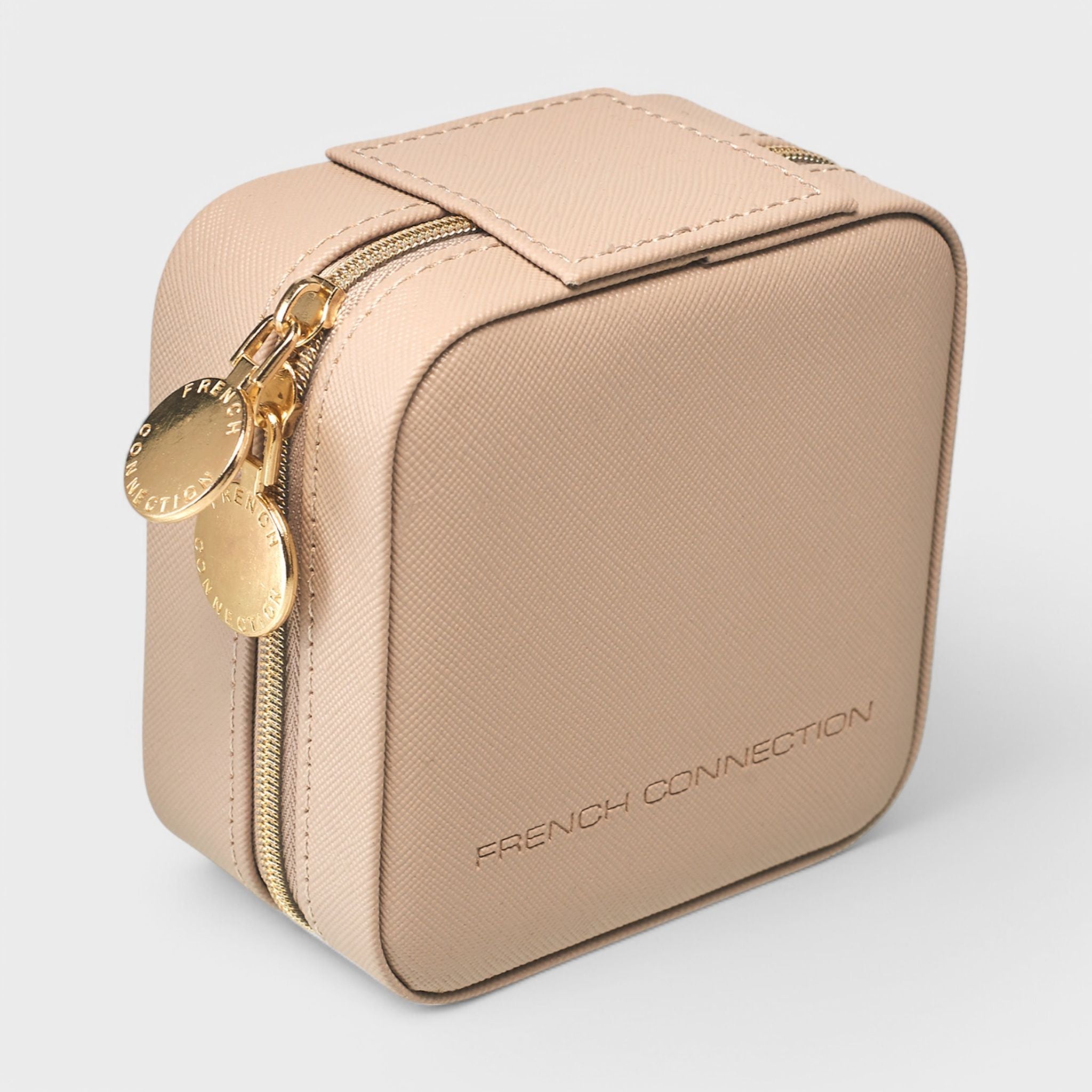 French Connection Small Travel Accessory Organizer with Mirror – Compact Jewelry Storage Box, Faux Leather