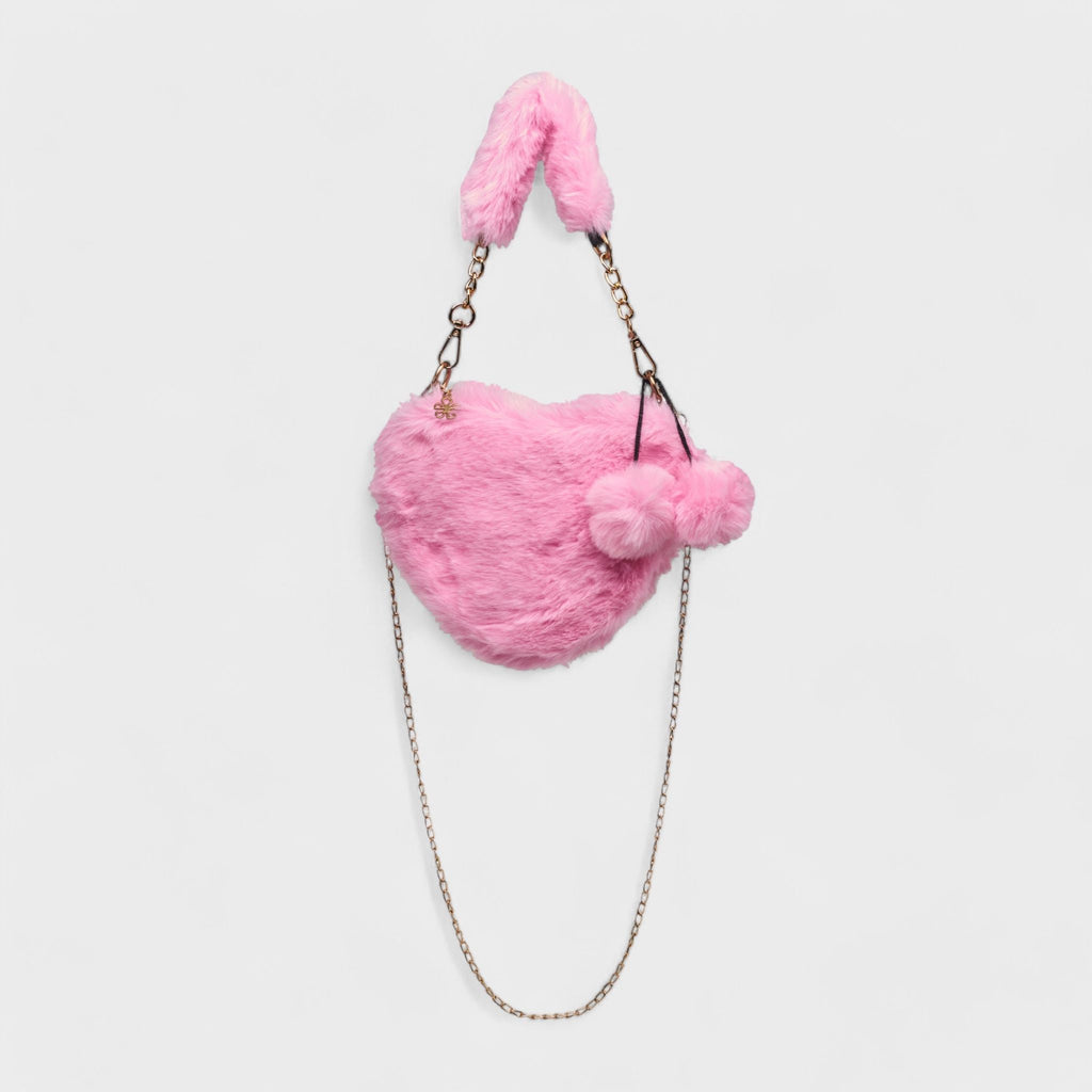 Willow & Ruby Girls Pink Plush Fuzzy Heart Bag - Adorable Soft Faux Fur Shoulder Bag with Chain Strap and Pom-Poms, Perfect for Kids & Tweens