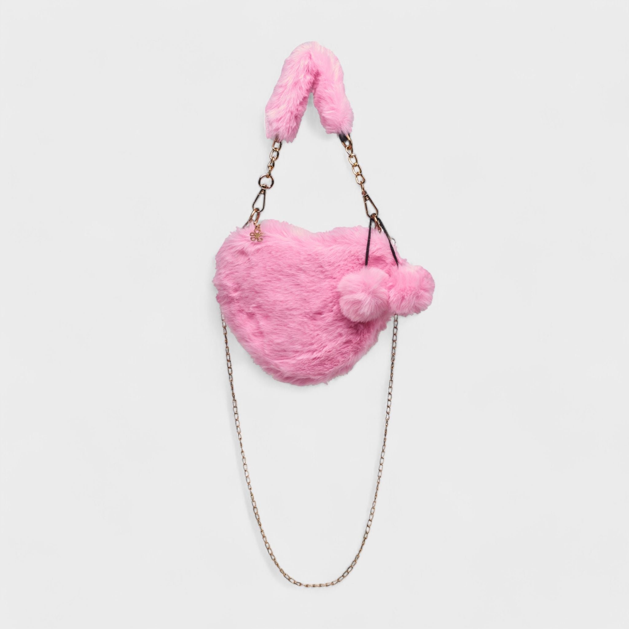 Willow & Ruby Girls Pink Plush Fuzzy Heart Bag - Adorable Soft Faux Fur Shoulder Bag with Chain Strap and Pom-Poms, Perfect for Kids & Tweens