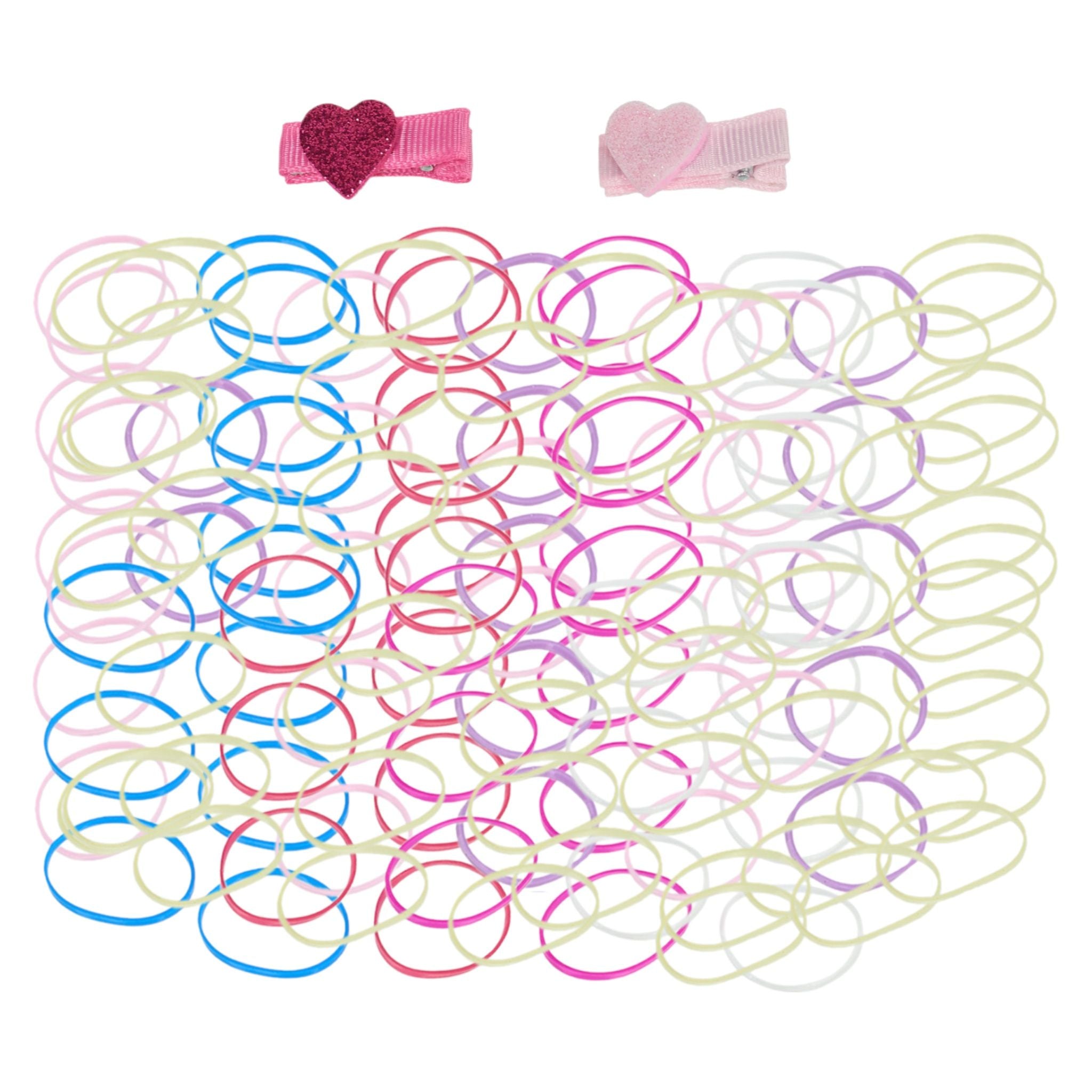 Simply Petals 1000pc Girls' Hair Elastics Accessory Gift Set with Har Ties Elastics & Glitter Heart Clips for Kids