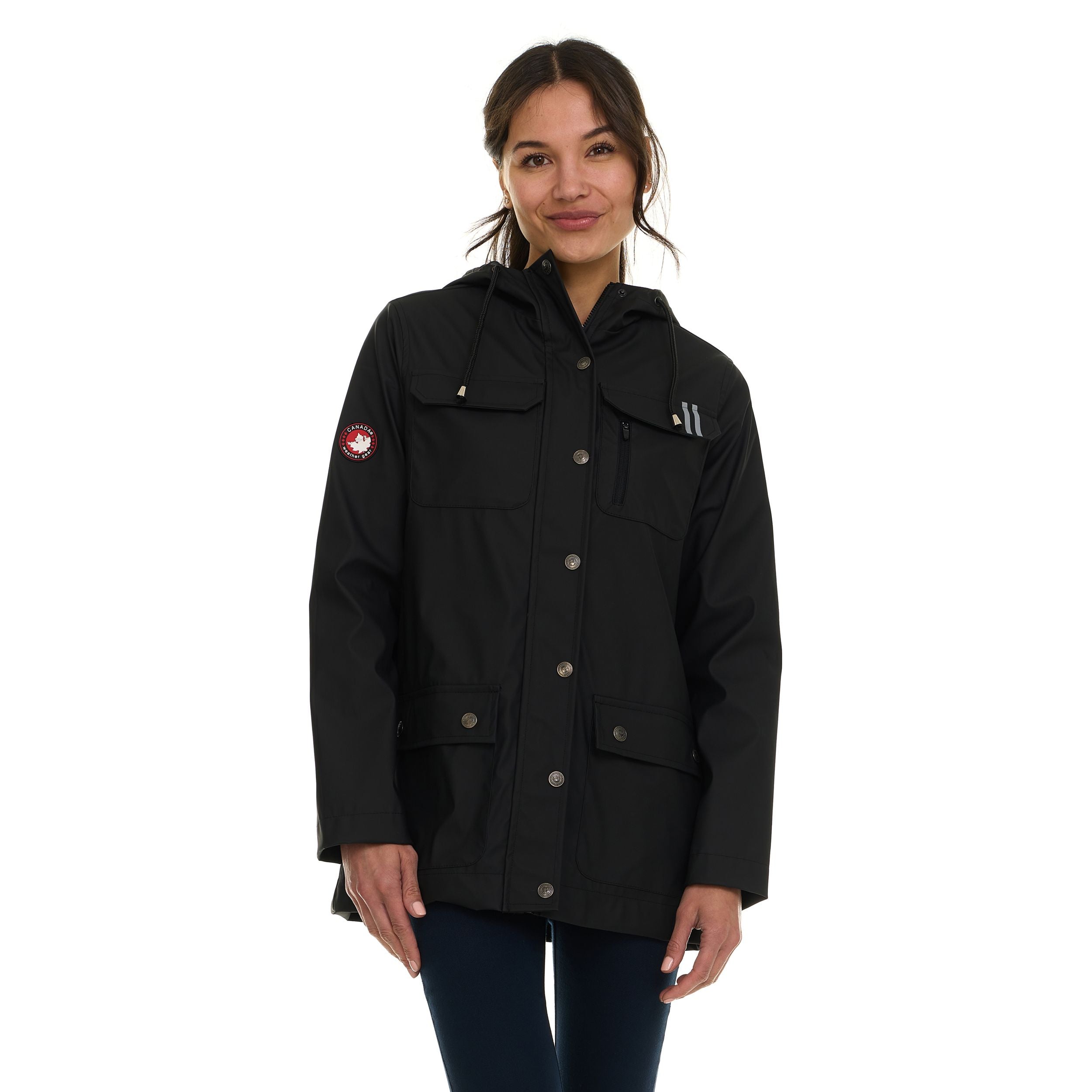 Canada Weather Gear Women's Waterproof Rain Coat with Hood – Lightweight Outdoor Rain Jacket with Front Pockets & Snap Closure