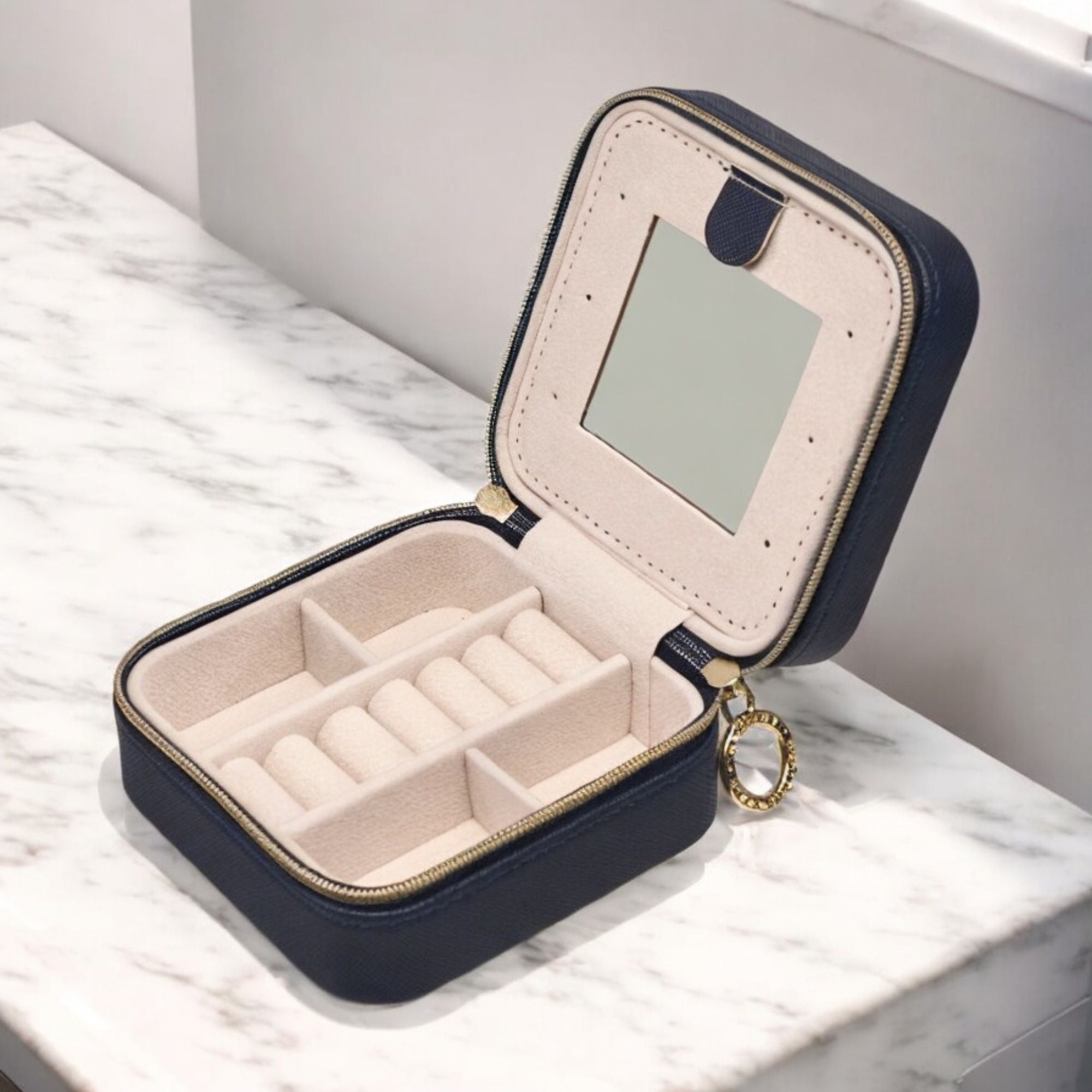 French Connection Small Travel Accessory Organizer with Mirror – Compact Jewelry Storage Box, Faux Leather