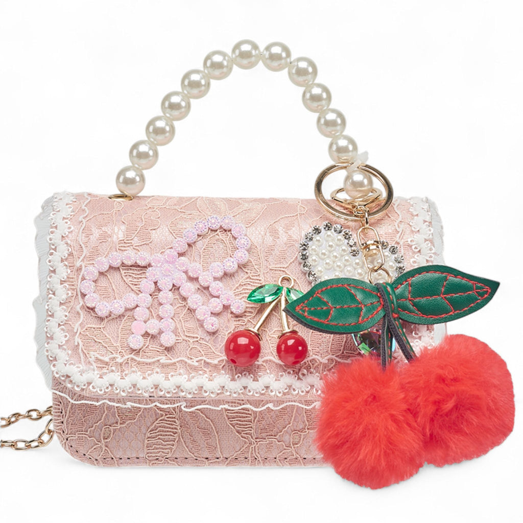 Willow & Ruby Girls' Pink Lace Mini Crossbody Bag with Pearl Handle and Cherry Charm