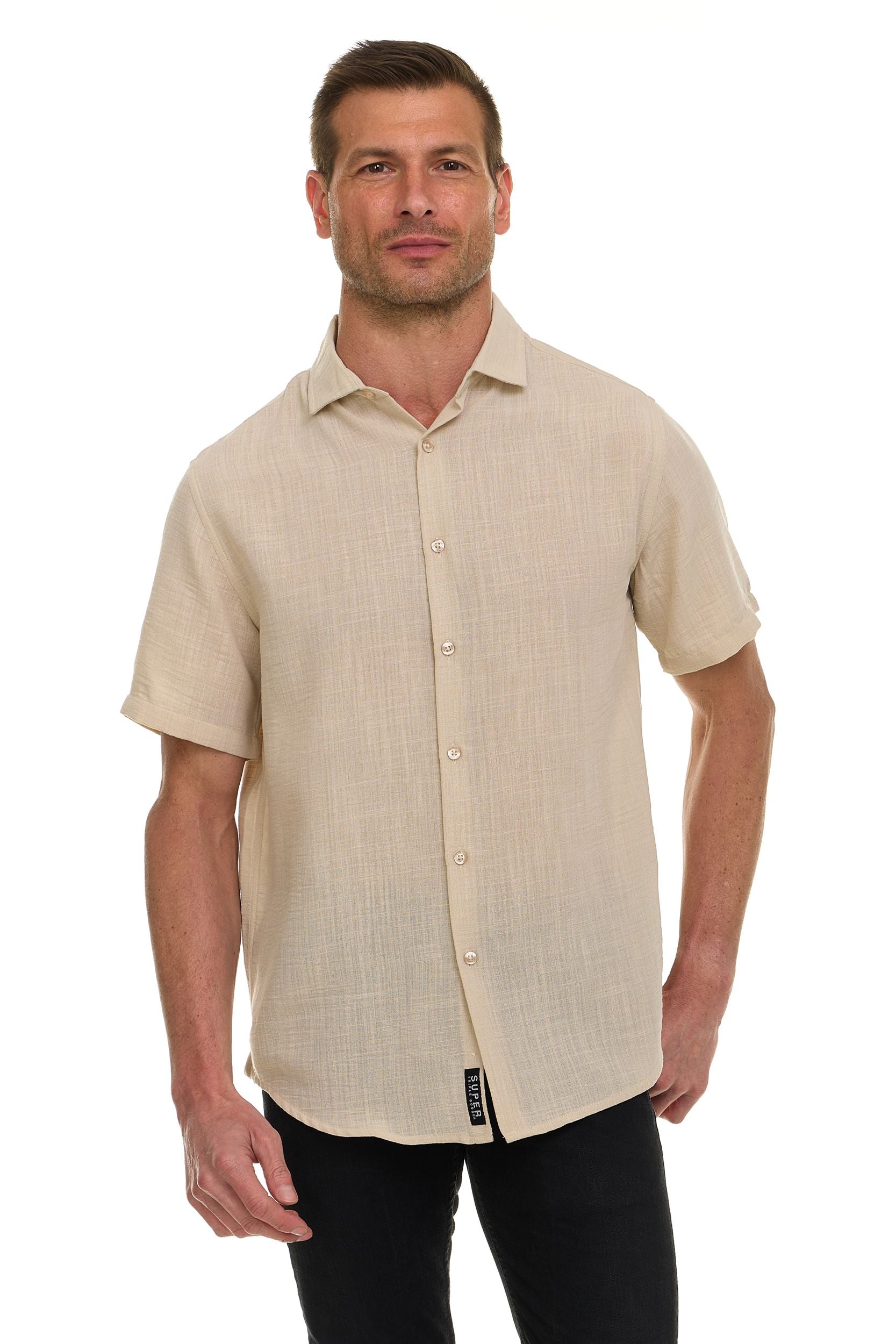 Canada Weather Gear Men’s Linen Look Short Sleeve Button-Up Shirt – Lightweight Collared Casual Shirt for Summer