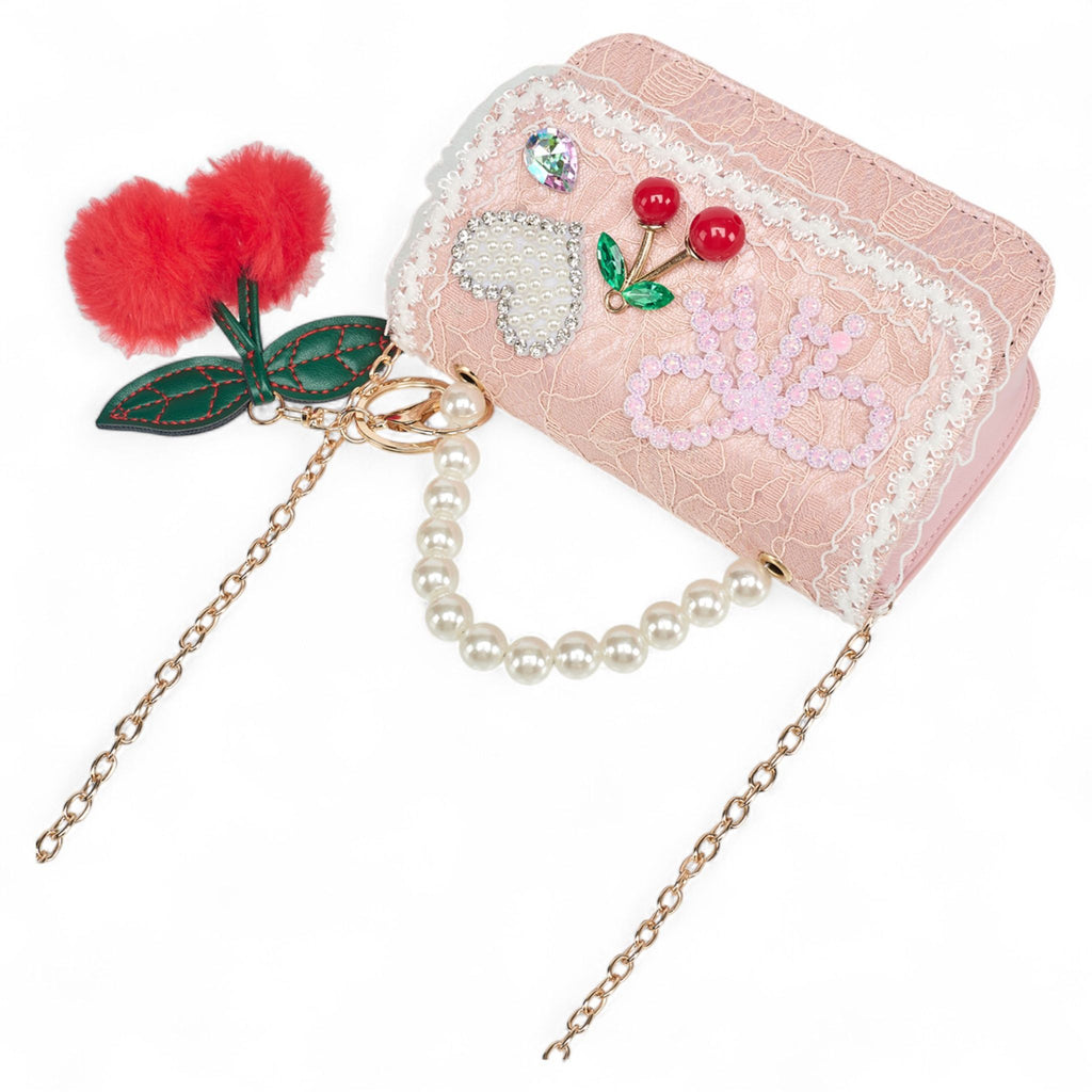 Willow & Ruby Girls' Pink Lace Mini Crossbody Bag with Pearl Handle and Cherry Charm