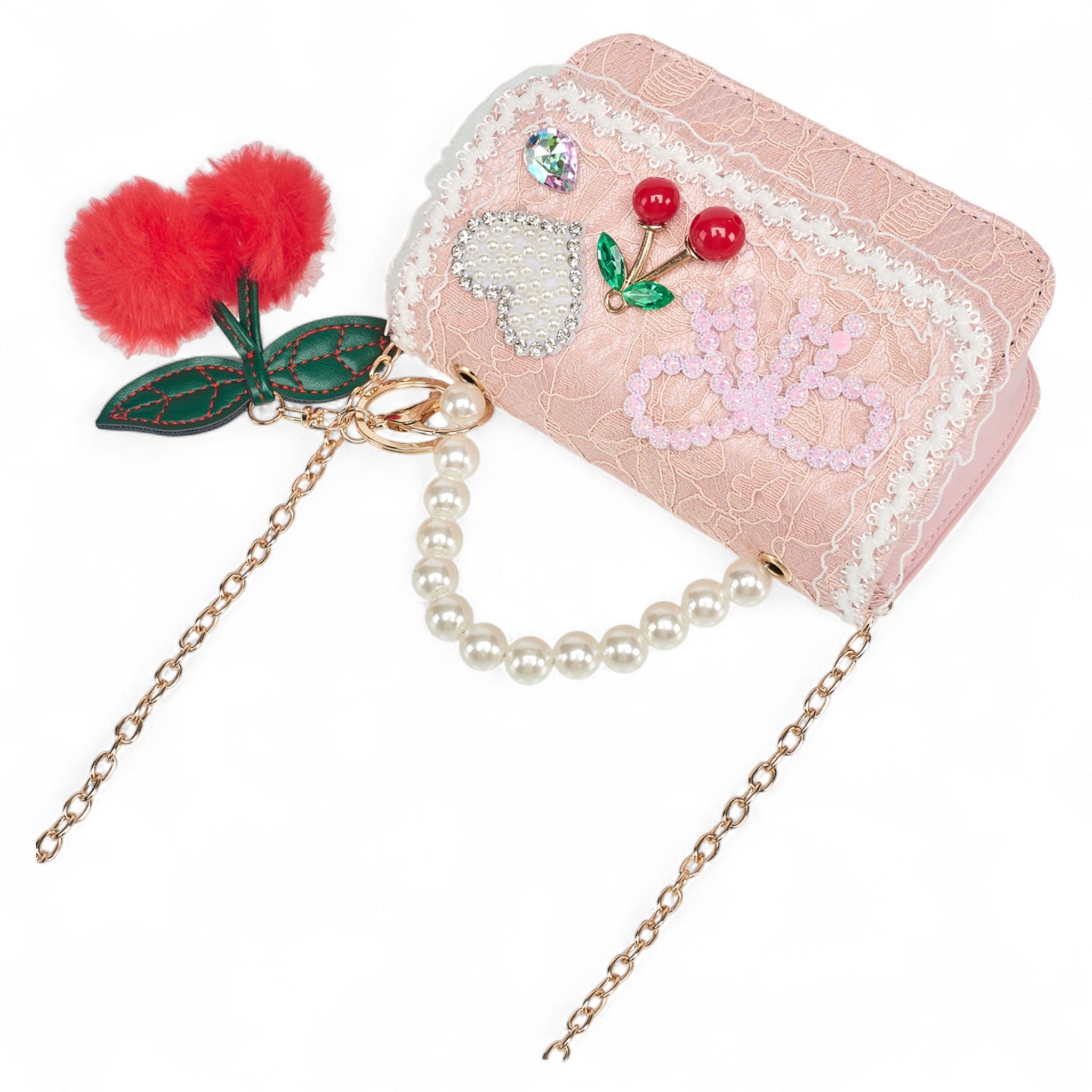 Willow & Ruby Girls' Pink Lace Mini Crossbody Bag with Pearl Handle and Cherry Charm