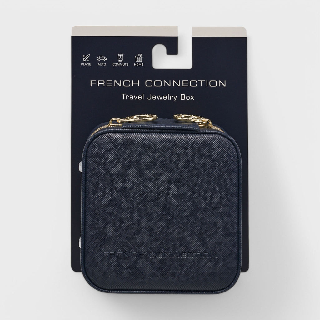 French Connection Small Travel Accessory Organizer with Mirror – Compact Jewelry Storage Box, Faux Leather