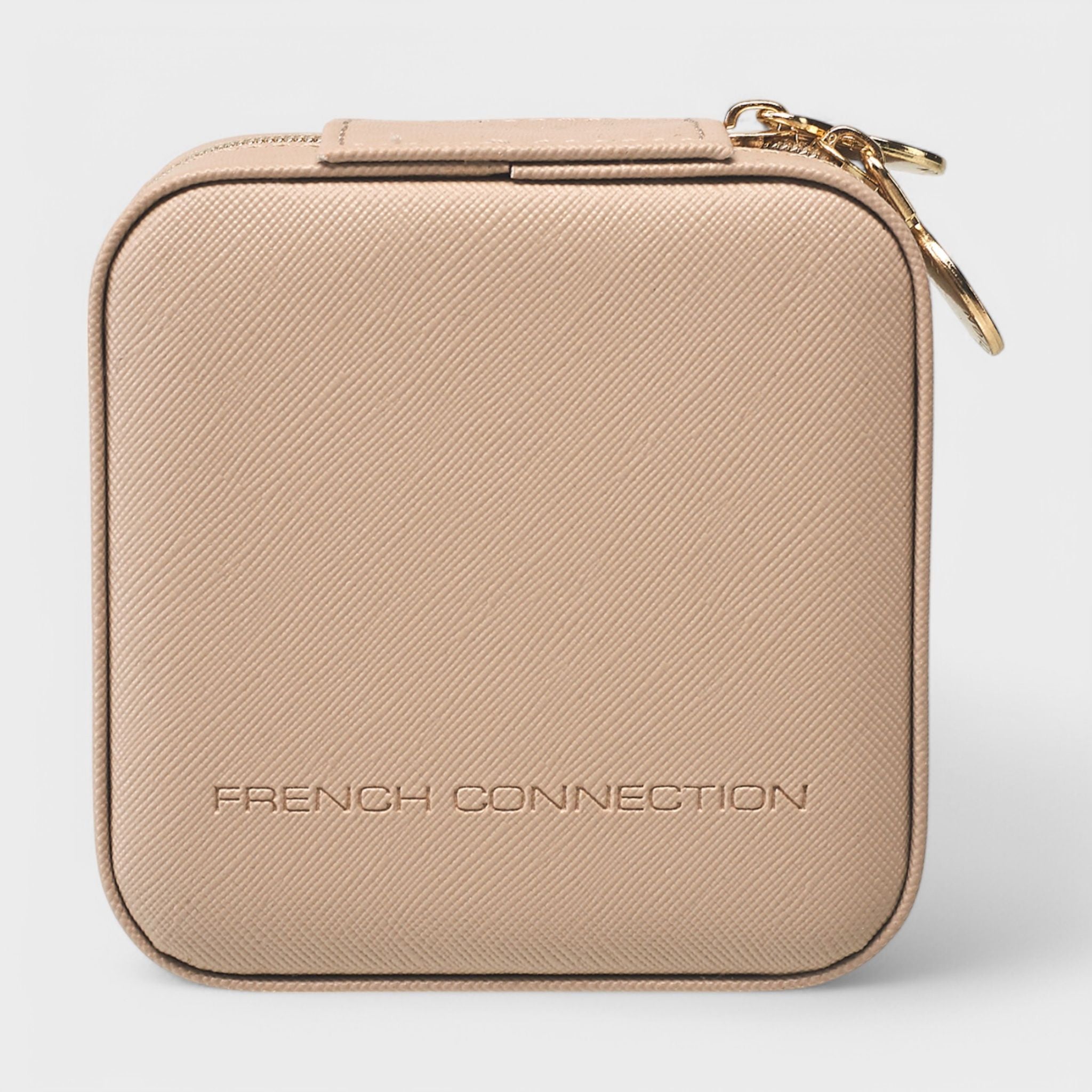 French Connection Small Travel Accessory Organizer with Mirror – Compact Jewelry Storage Box, Faux Leather