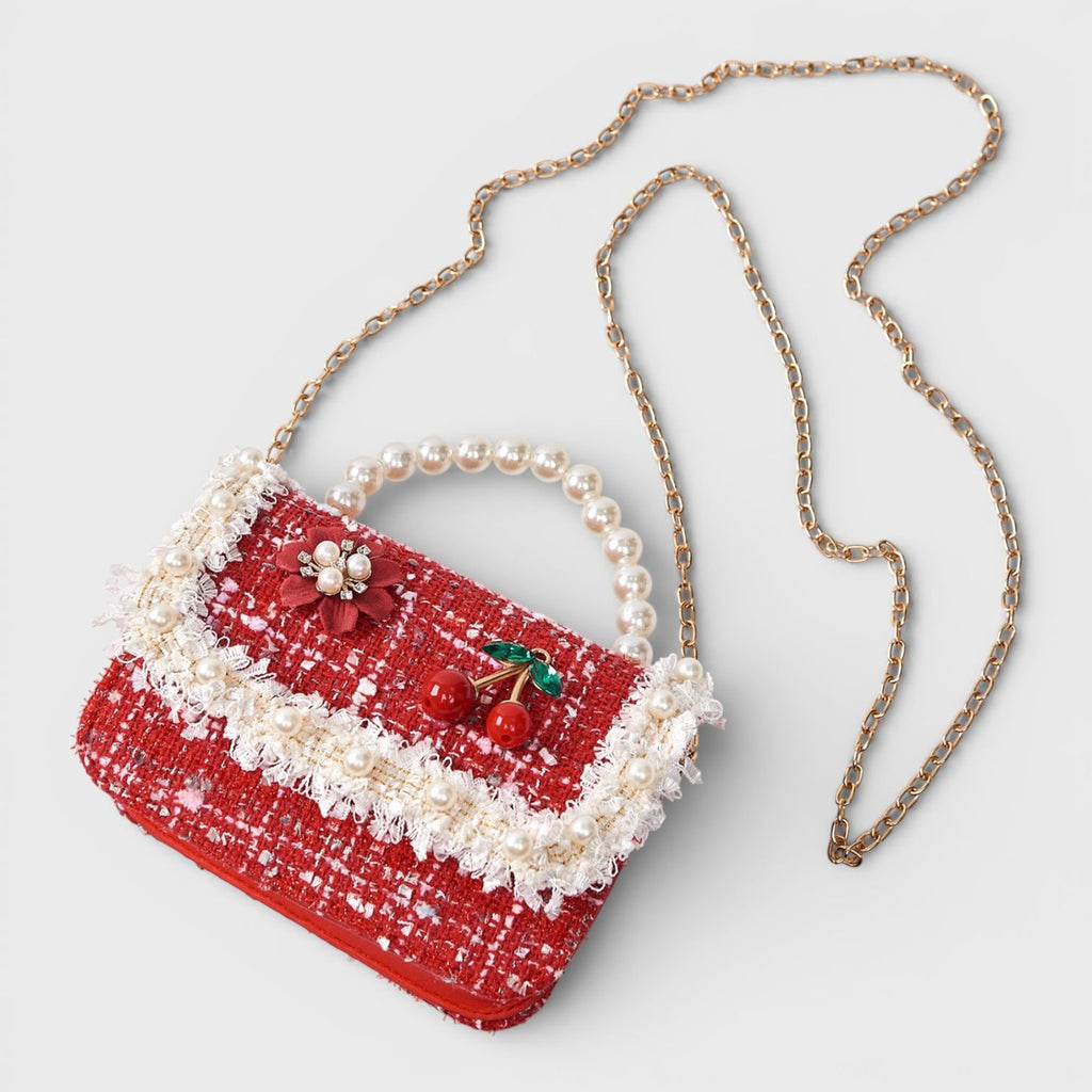 Willow & Ruby Girl's Tweed Mini Handbag with Pearl Handle in Red