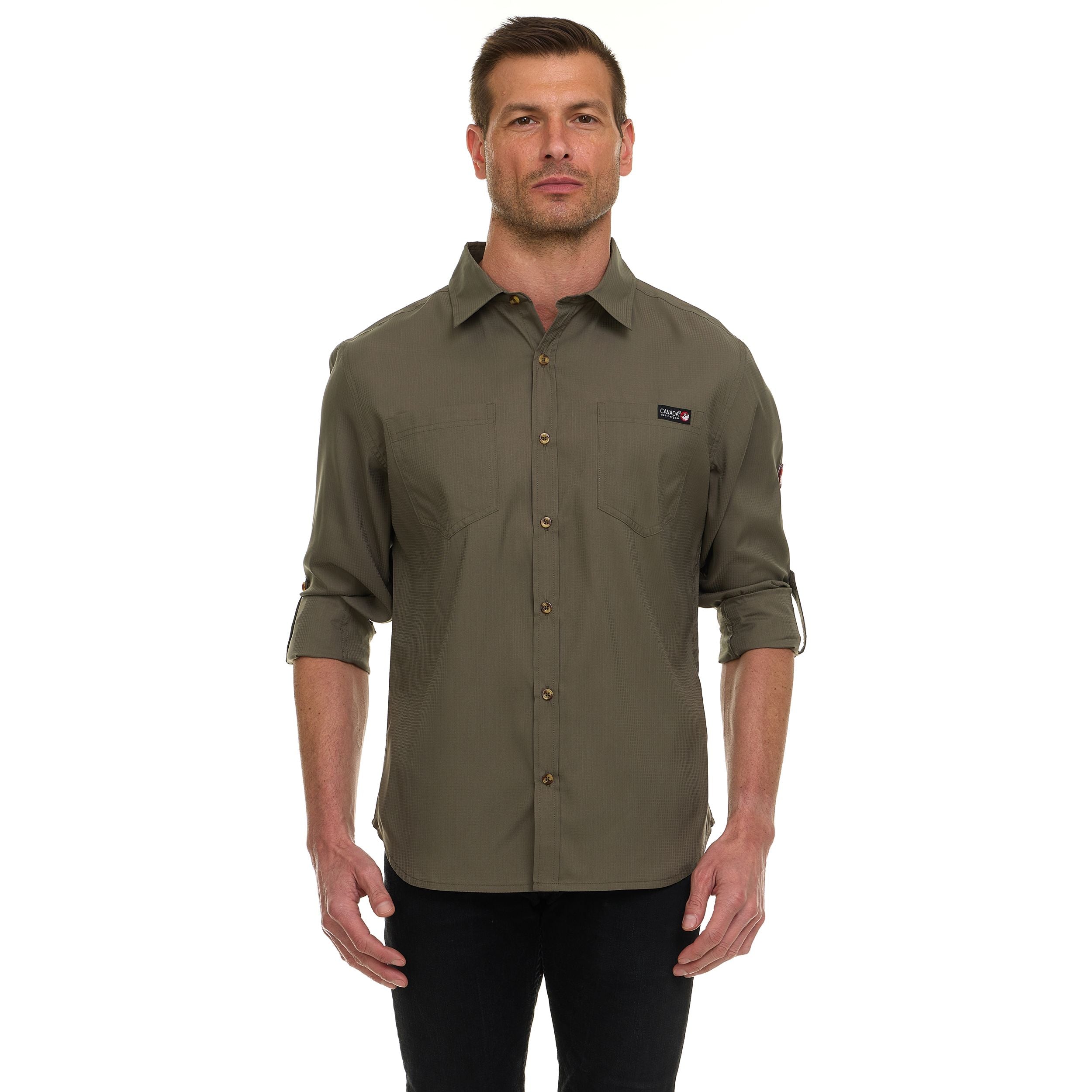 Canada Weather Gear Men’s Long Sleeve Ripstop Shirt – Roll-Up Sleeves, Dual Chest Pockets, Outdoor Lightweight Button-Down