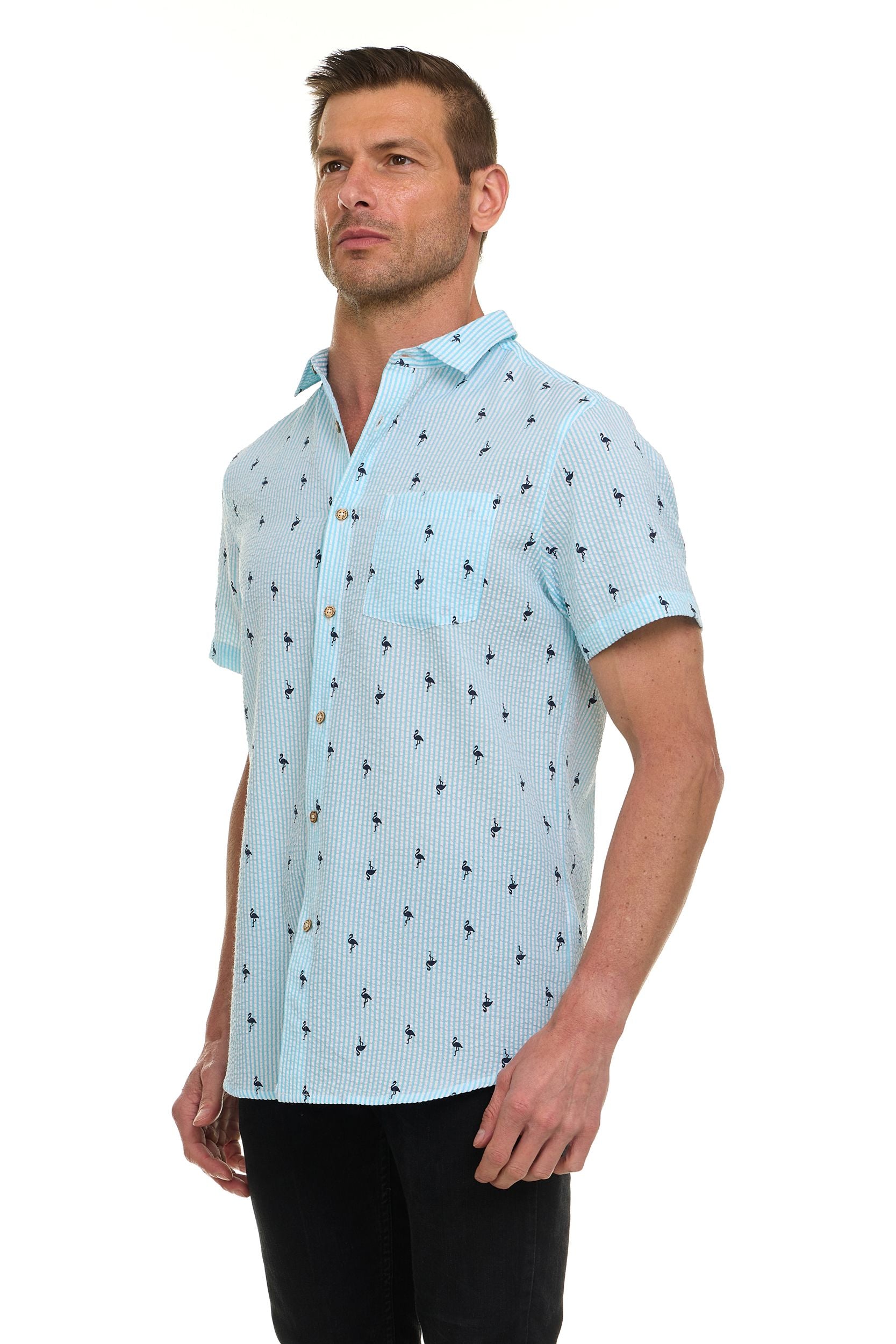 Canada Weather Gear Men’s Seersucker Short Sleeve Shirt with Allover Palm Print – Lightweight Button-Down Casual Shirt