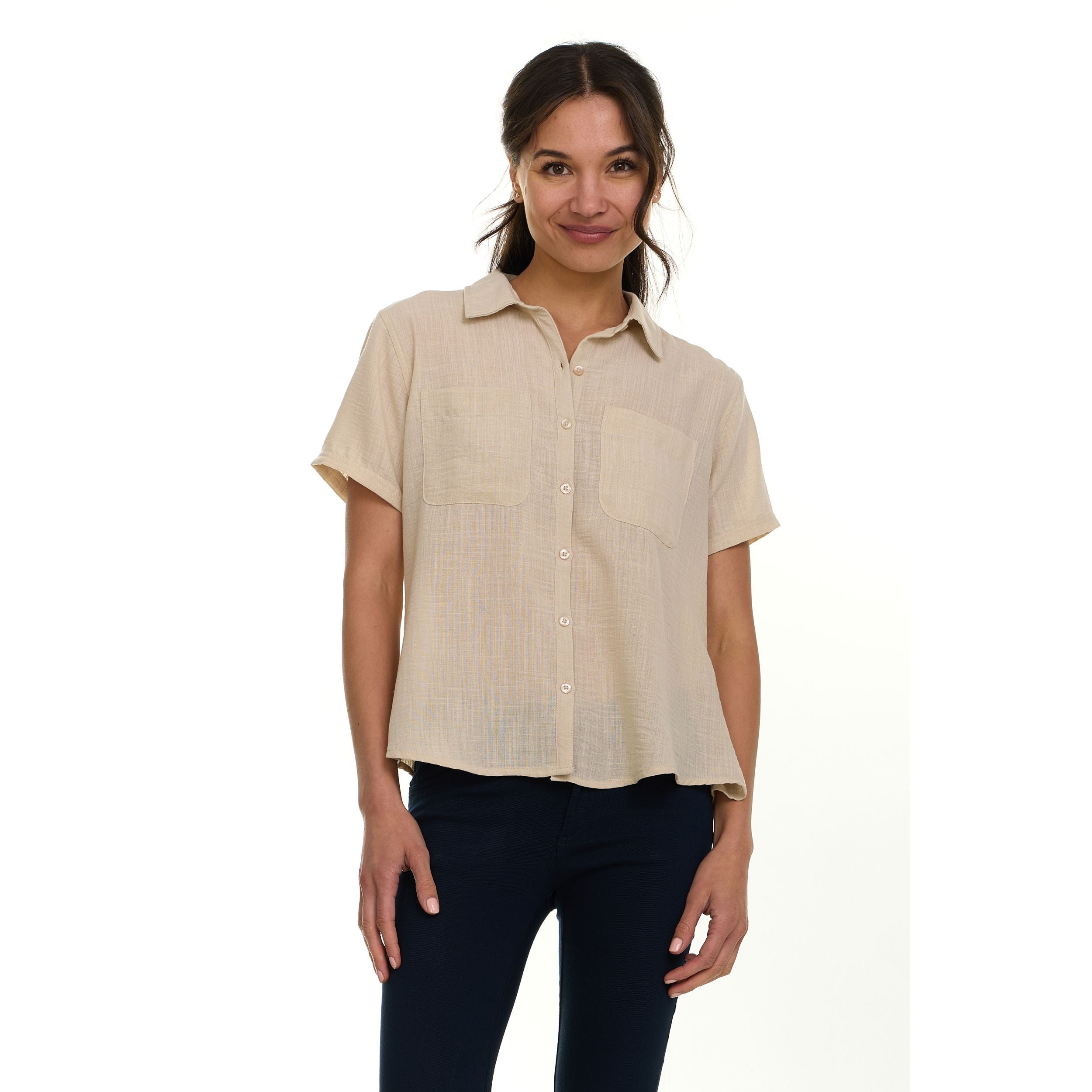 Super Triple Goose Women’s Short Sleeve Linen Shirt – Lightweight Button-Up Collared Blouse with Front Pockets