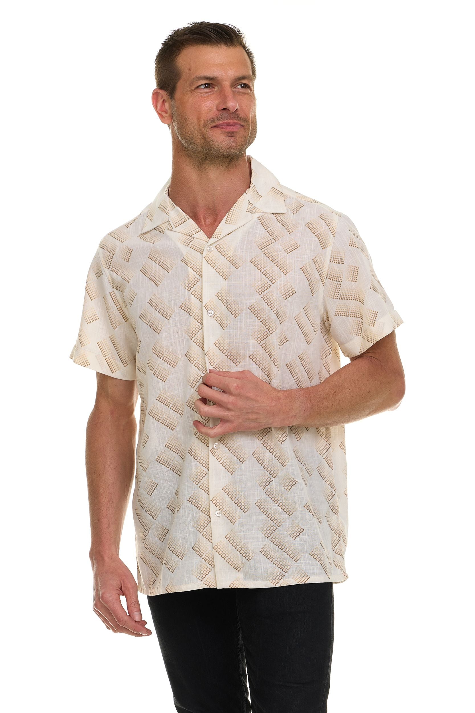 Super Triple Goose Men’s Short Sleeve Linen-Look Resort Shirt – Lightweight Button-Down Camp Shirt with Tropical Prints