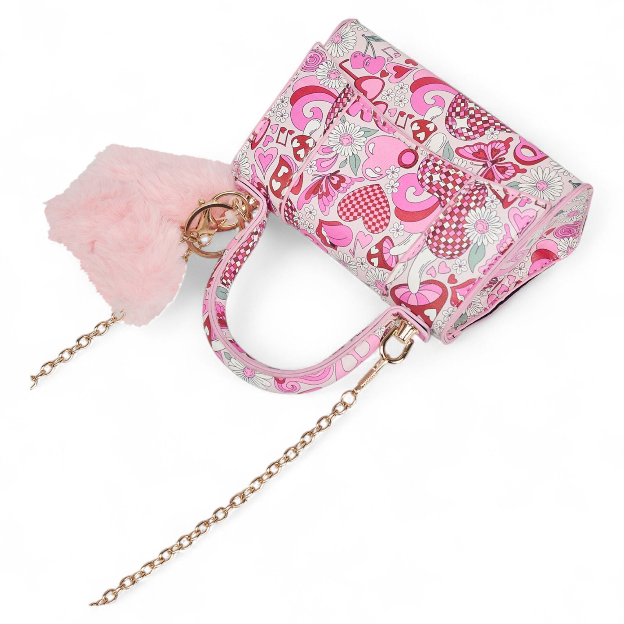 Willow & Ruby Girls' Mini Groovy Love & Peace Print Top Handle Crossbody Bag with Fluffy Butterfly Charm