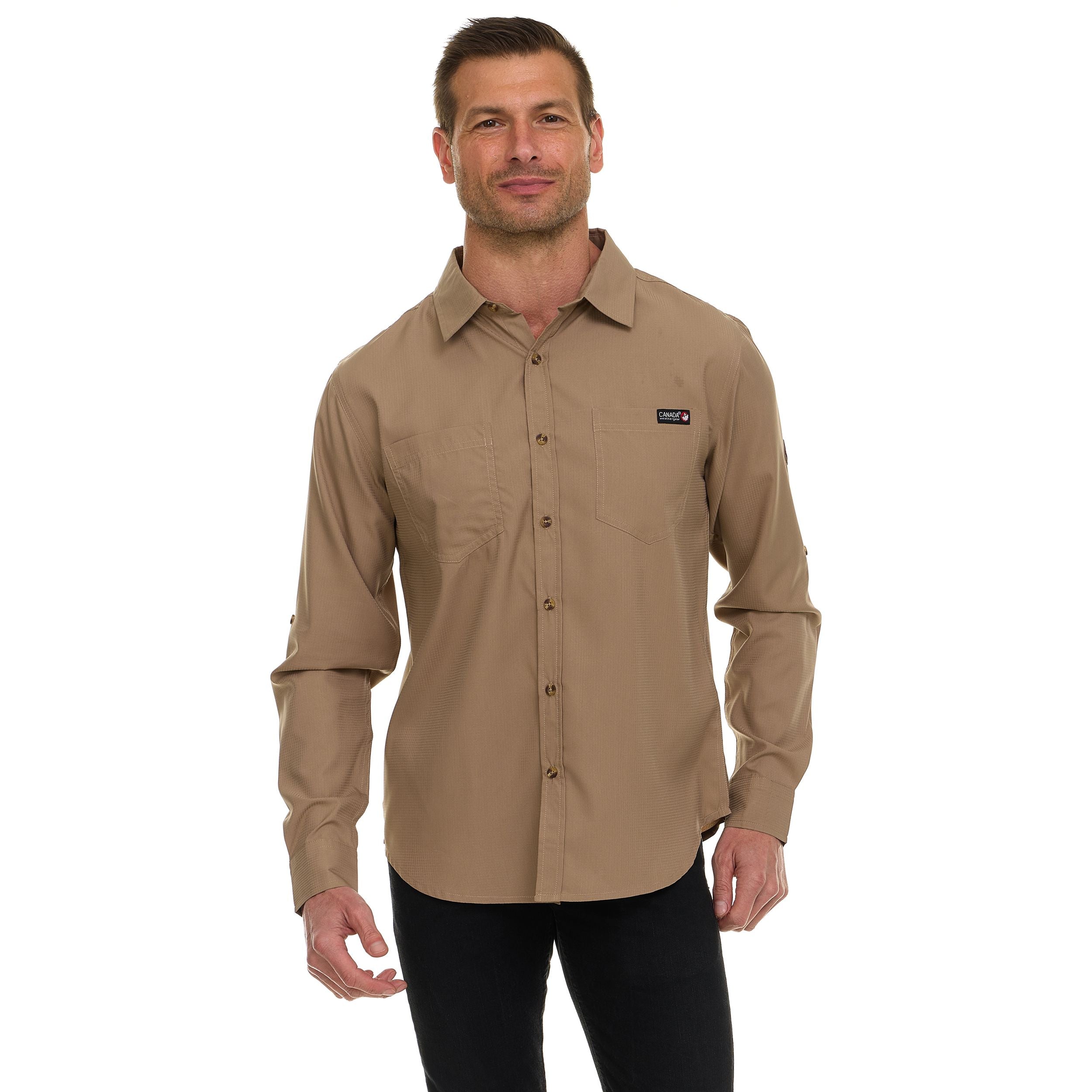 Canada Weather Gear Men’s Long Sleeve Ripstop Shirt – Roll-Up Sleeves, Dual Chest Pockets, Outdoor Lightweight Button-Down