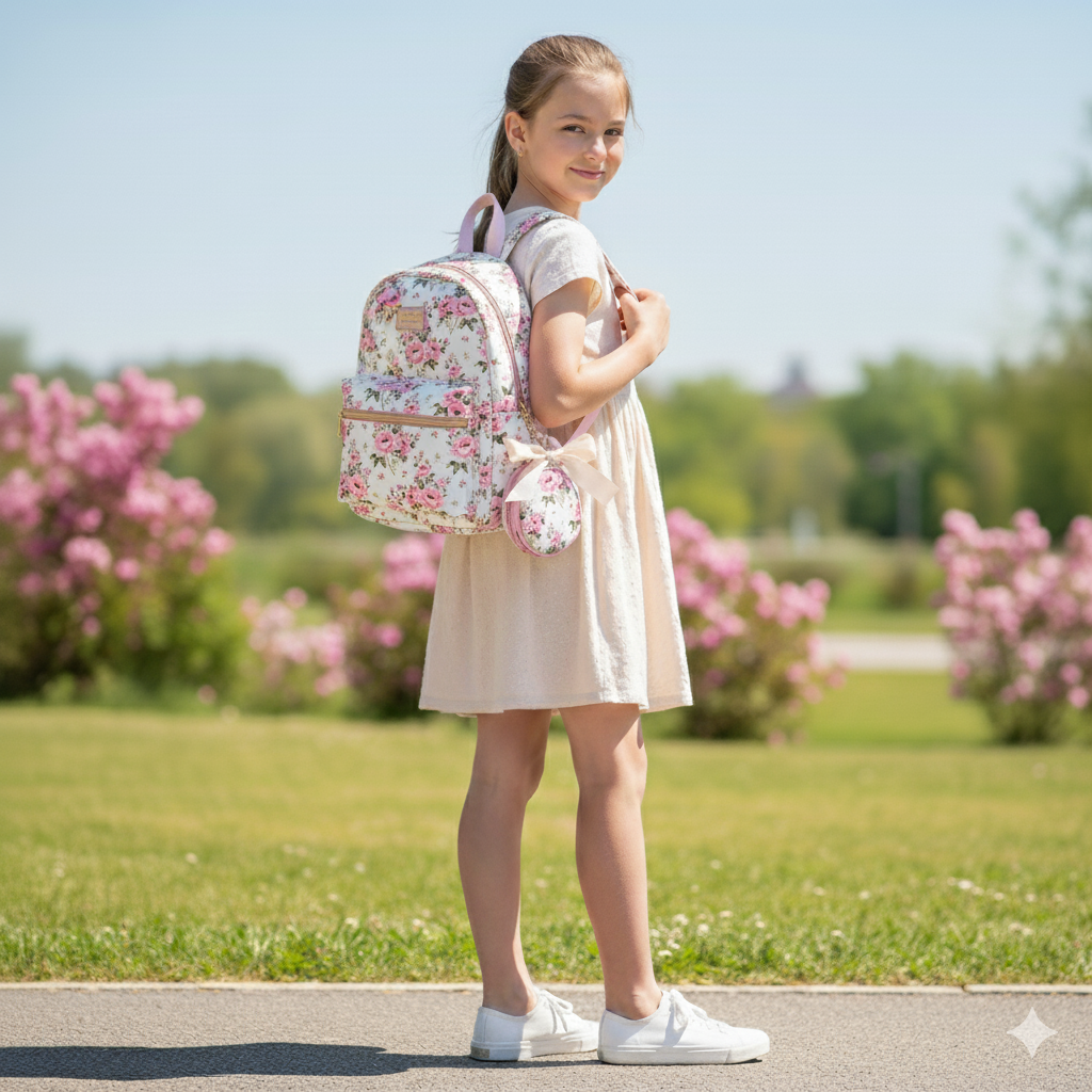 A Little Obsessed Girl's Floral Garden Party Backpack Set with Matching Coin Purse & Pearl Keychain – Cute Mini Backpack for Kids