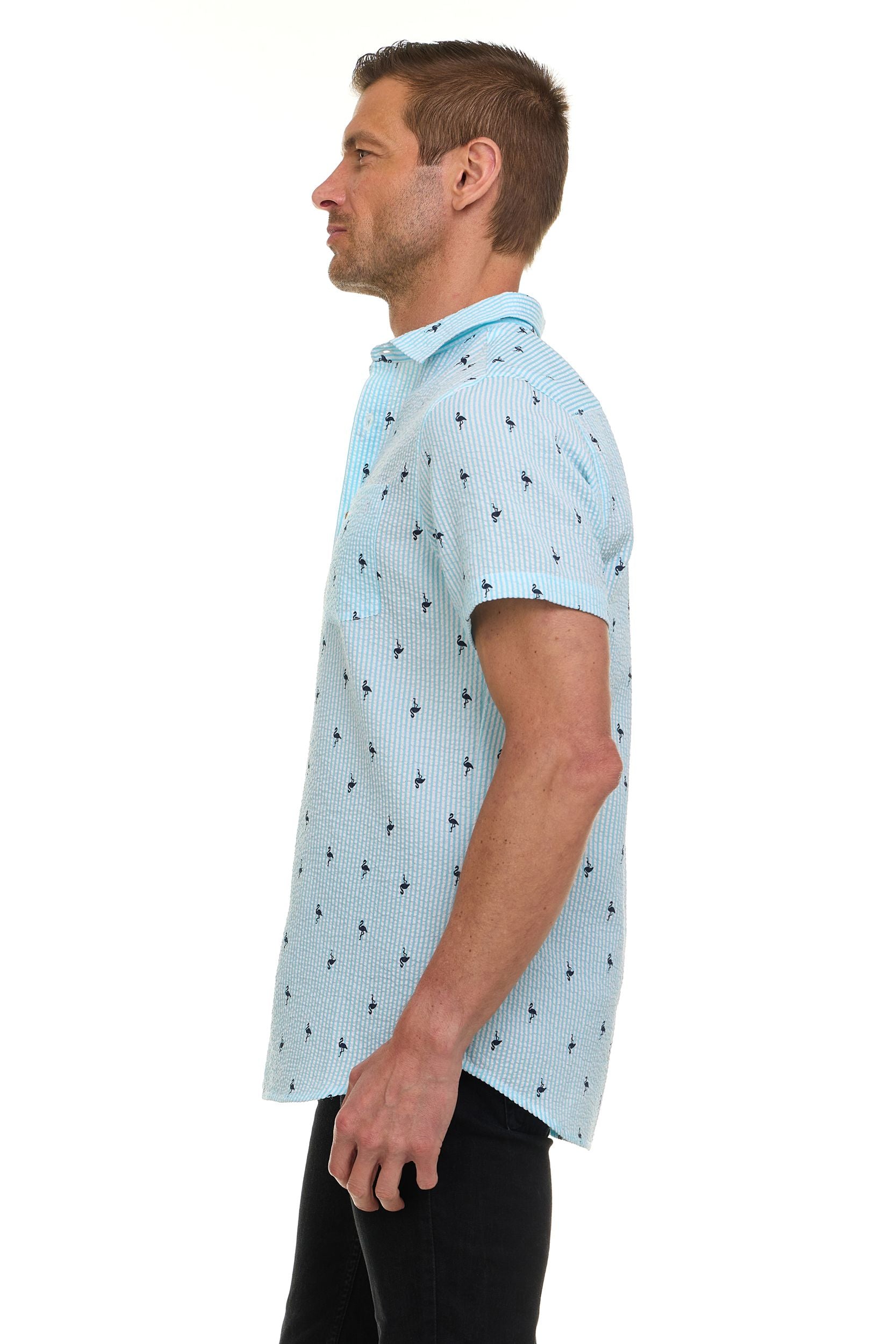 Canada Weather Gear Men’s Seersucker Short Sleeve Shirt with Allover Palm Print – Lightweight Button-Down Casual Shirt