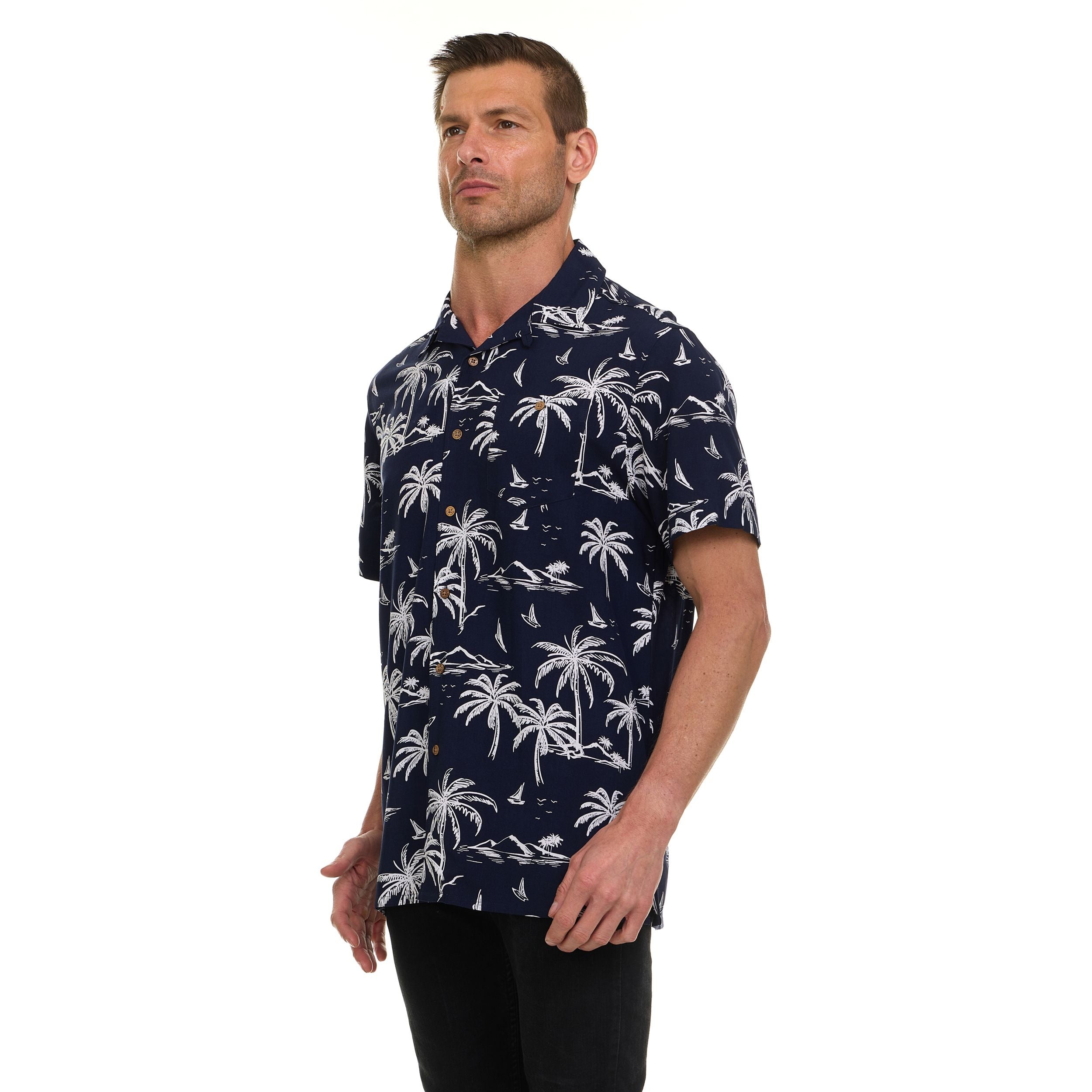 Super Triple Goose Men’s Printed Rayon Camp Collar Shirt - Soft Feel, Moisture-Wicking, Easy Care