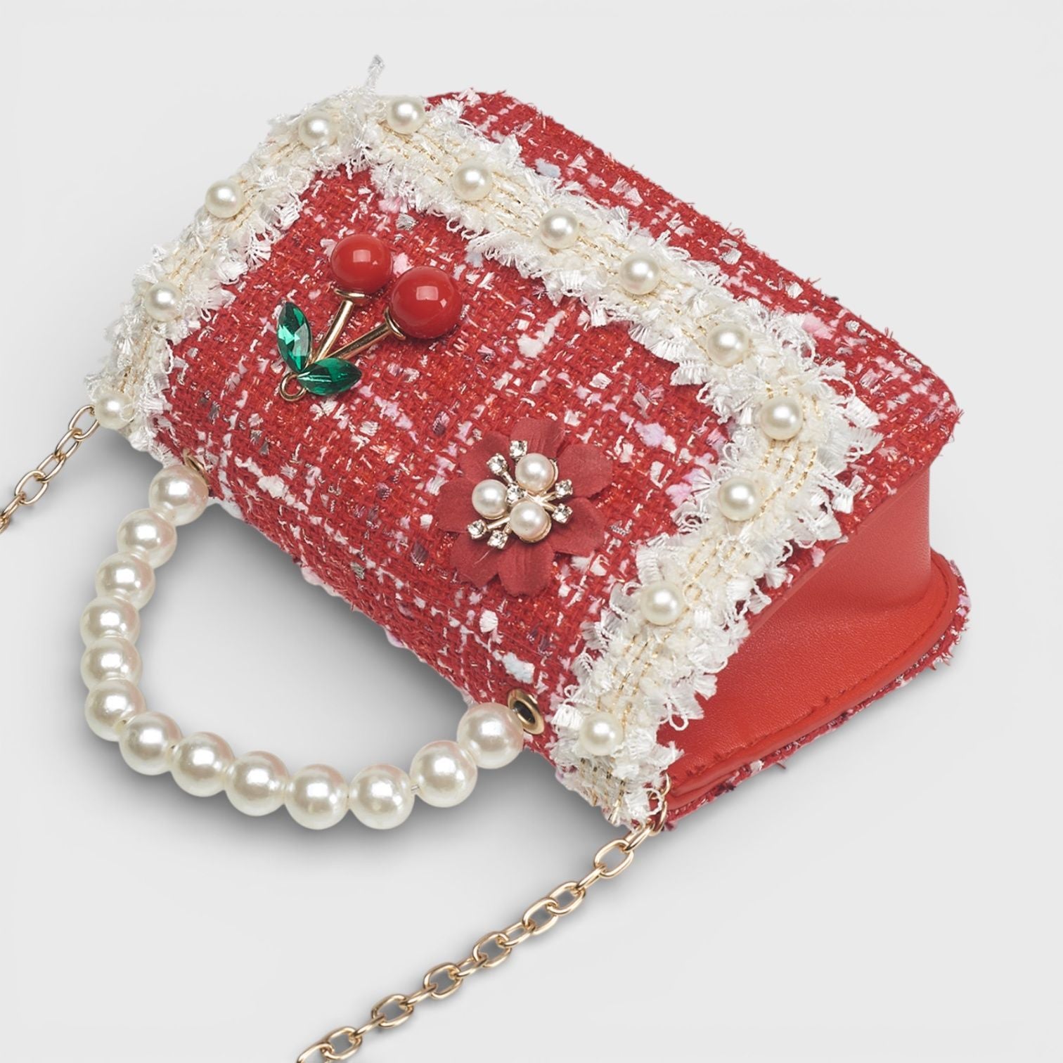 Willow & Ruby Girl's Tweed Mini Handbag with Pearl Handle in Red