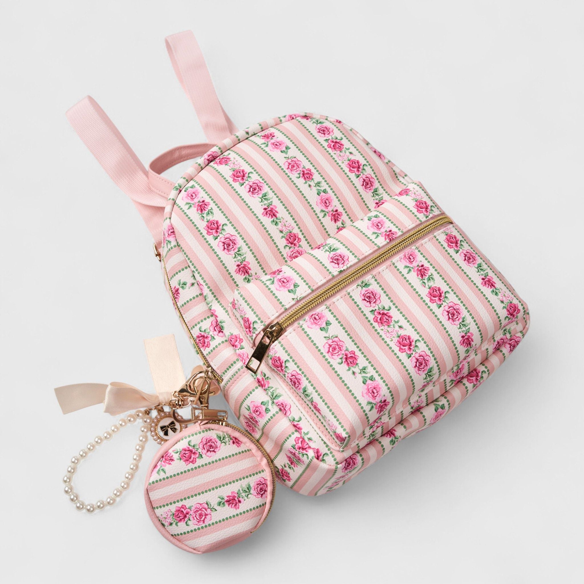 A Little Obsessed Girl's Floral Garden Party Backpack Set with Matching Coin Purse & Pearl Keychain – Cute Mini Backpack for Kids