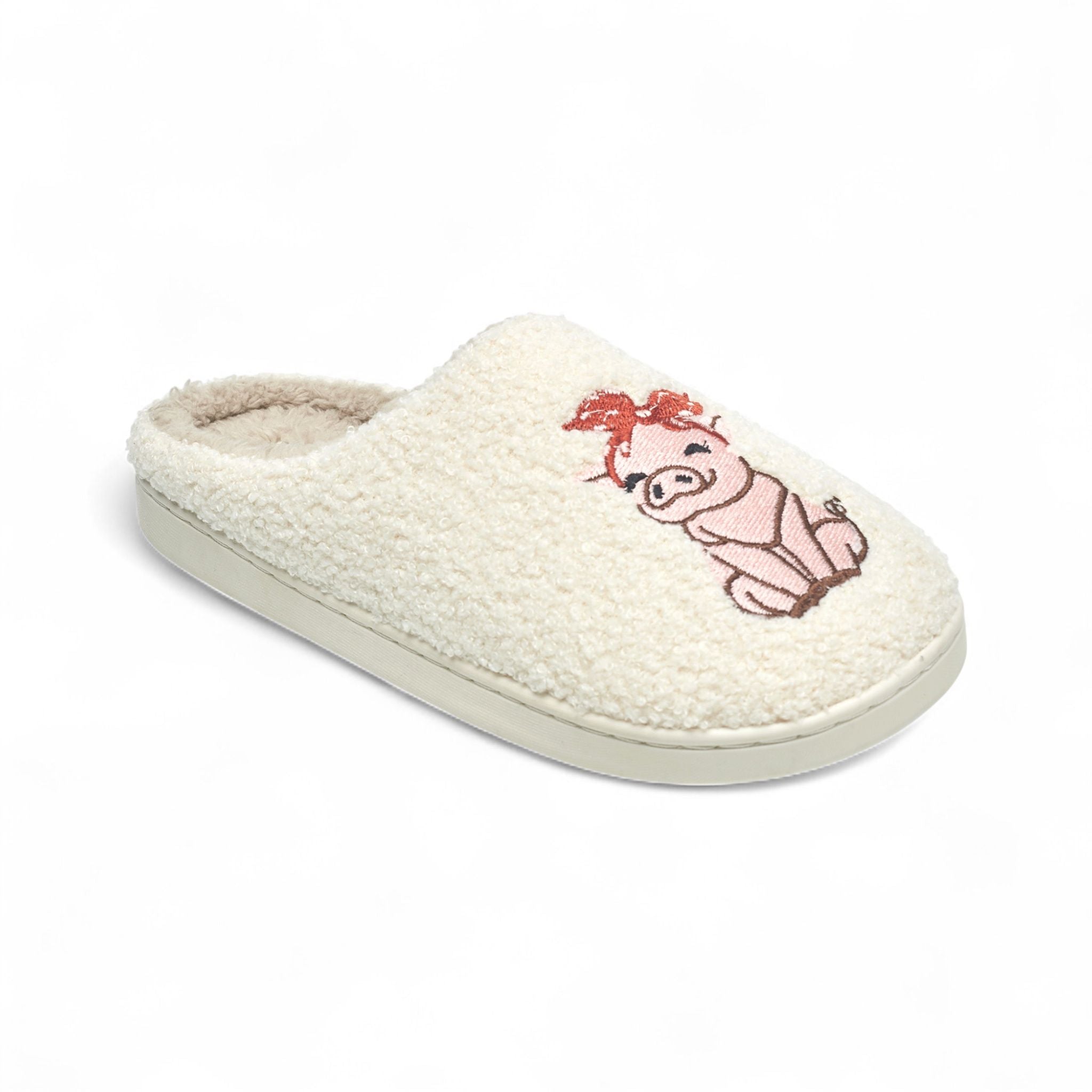 Aéropostale Women’s Fuzzy Pig Mule Slippers – Ivory Slip-On House Shoes with Cute Pink Pig & Red Bow Embroidery