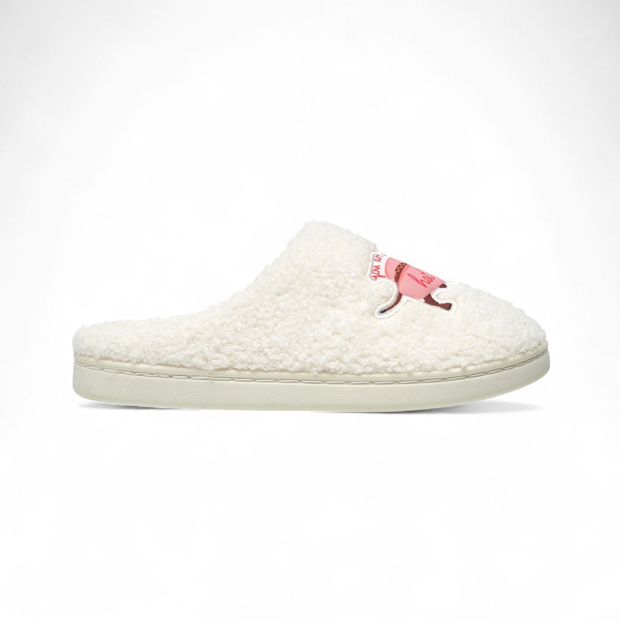 Aéropostale Women’s Fuzzy “Hot Dog Dachshund” Mule Slippers – Ivory Slip-On House Shoes with Playful Sausage-Dog & Pun Embroidery