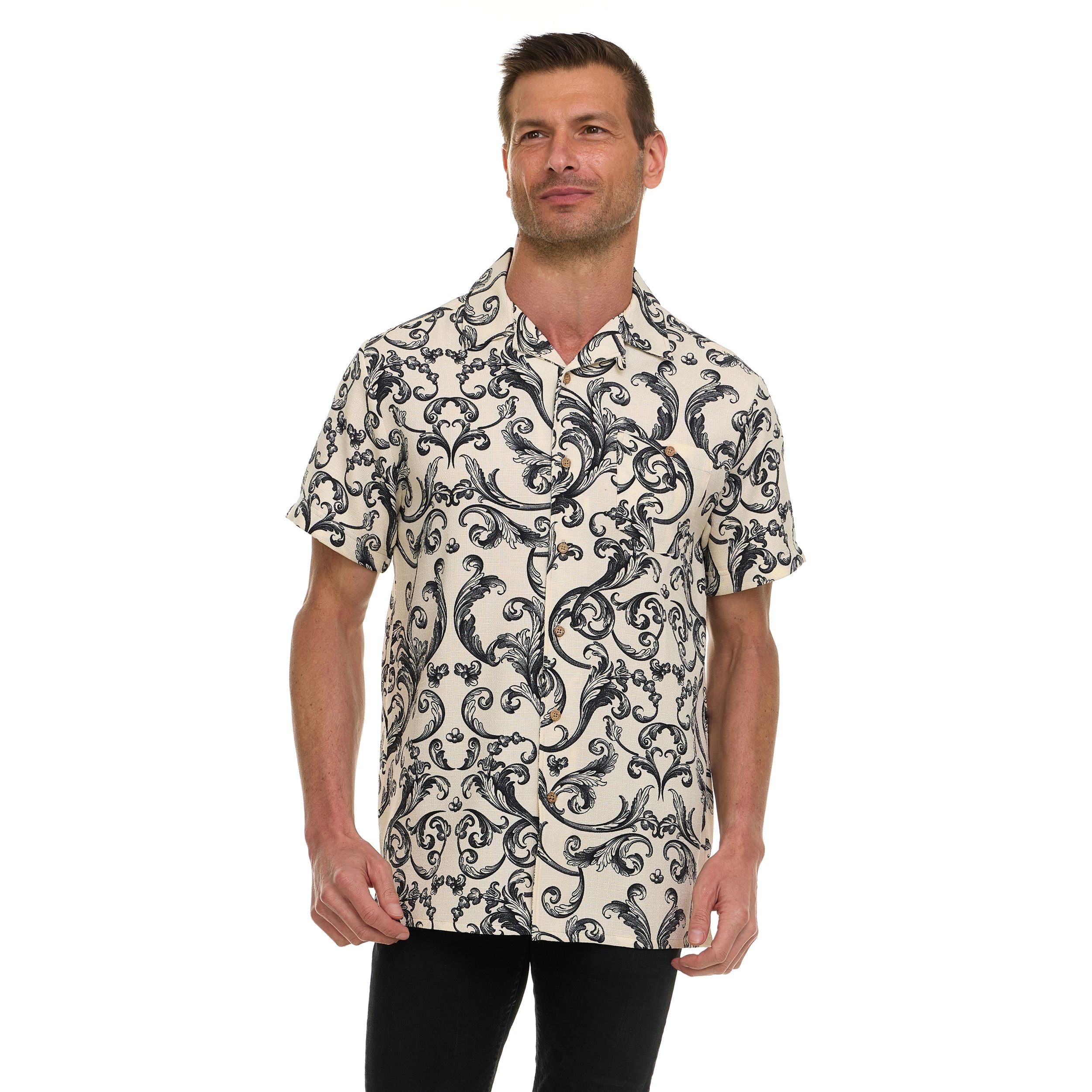 Super Triple Goose Men’s Textured Printed Camp Collar Shirt – Vintage-Inspired Stretch Shirt with Moisture Wicking & Easy Care