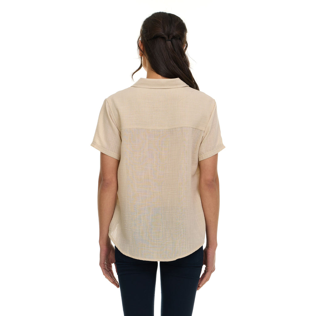 Super Triple Goose Women’s Short Sleeve Linen Shirt – Lightweight Button-Up Collared Blouse with Front Pockets