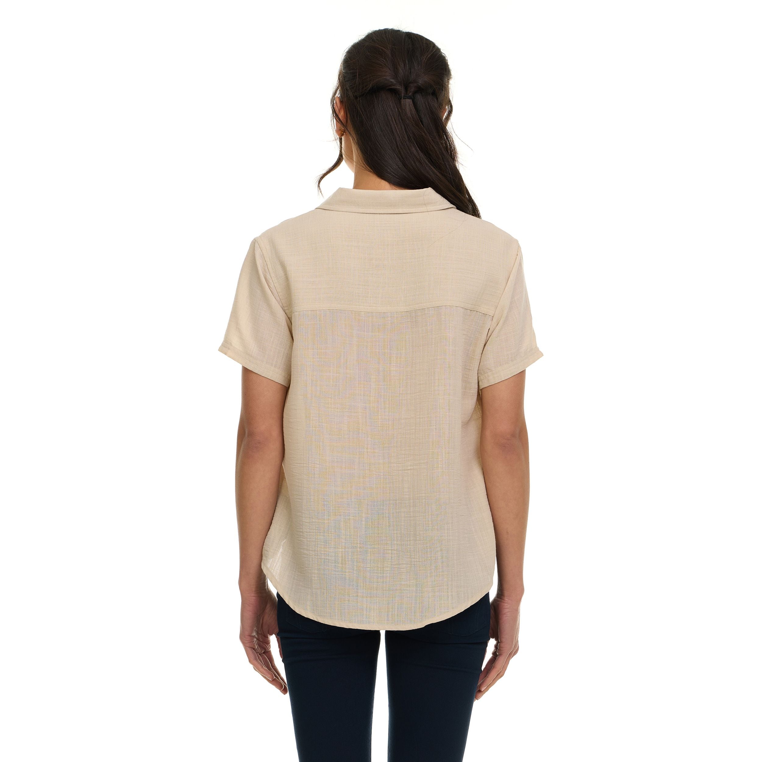 Super Triple Goose Women’s Short Sleeve Linen Shirt – Lightweight Button-Up Collared Blouse with Front Pockets