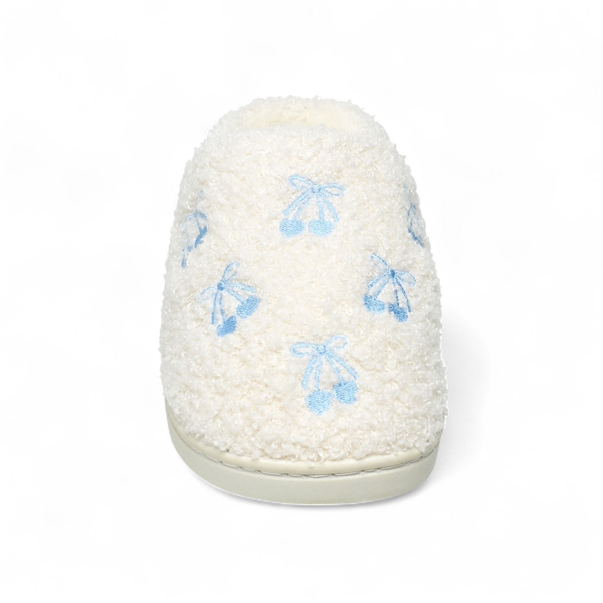 Aéropostale Women’s Fuzzy “Cherry-Bow” Mule Slippers – Ivory Slip-On House Shoes with Sky-Blue Cherry-Tie Embroidery & Non-Slip Outsole