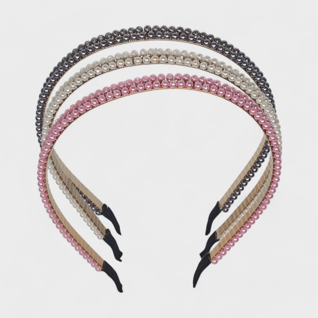 Hair Essentials Women's 3-Pack Pearl Embellished Headbands - Multi-Color (Pink, White, Gray) - Women's Hair Accessories for Stylish Everyday Looks