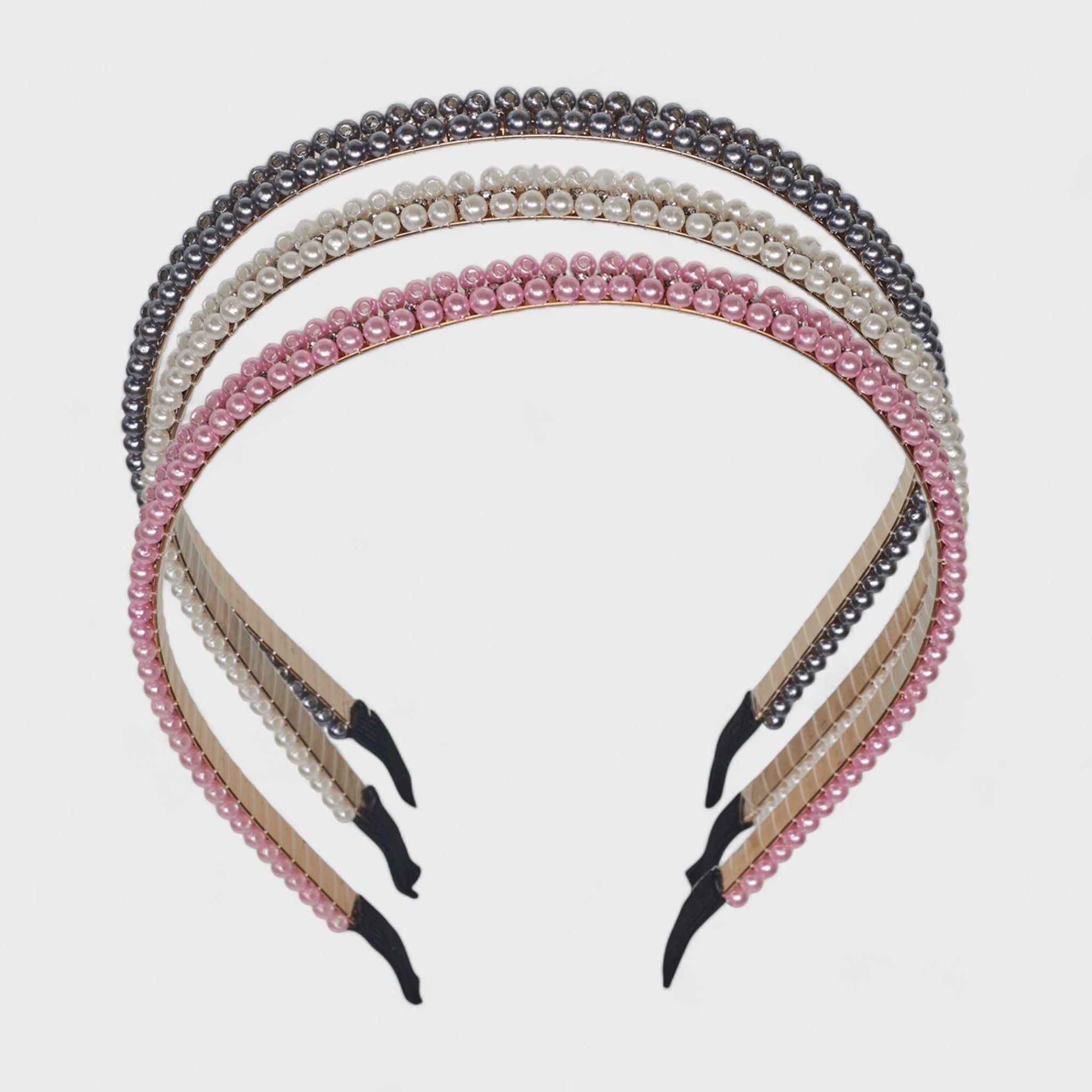 Hair Essentials Women's 3-Pack Pearl Embellished Headbands - Multi-Color (Pink, White, Gray) - Women's Hair Accessories for Stylish Everyday Looks