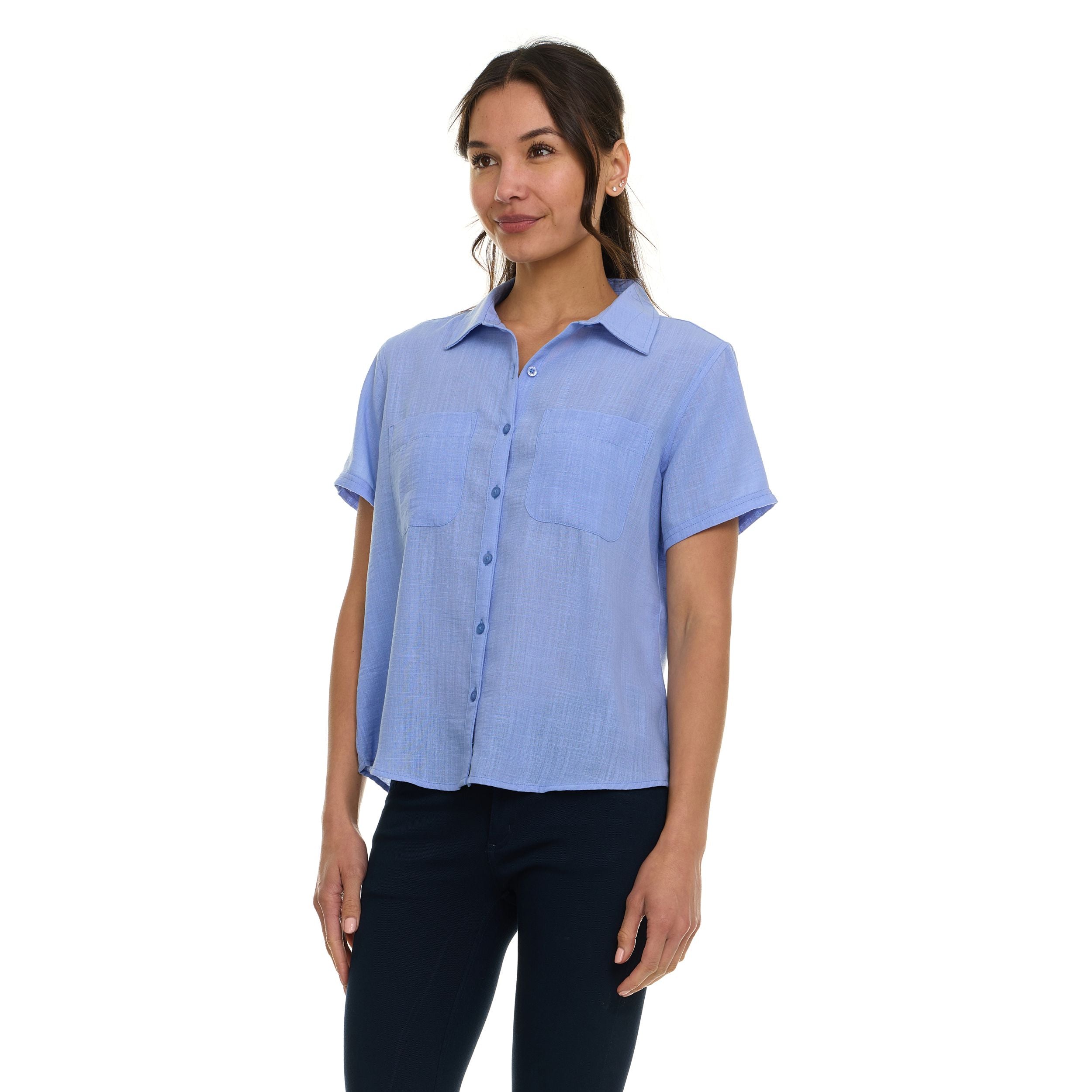 Super Triple Goose Women’s Short Sleeve Linen Shirt – Lightweight Button-Up Collared Blouse with Front Pockets