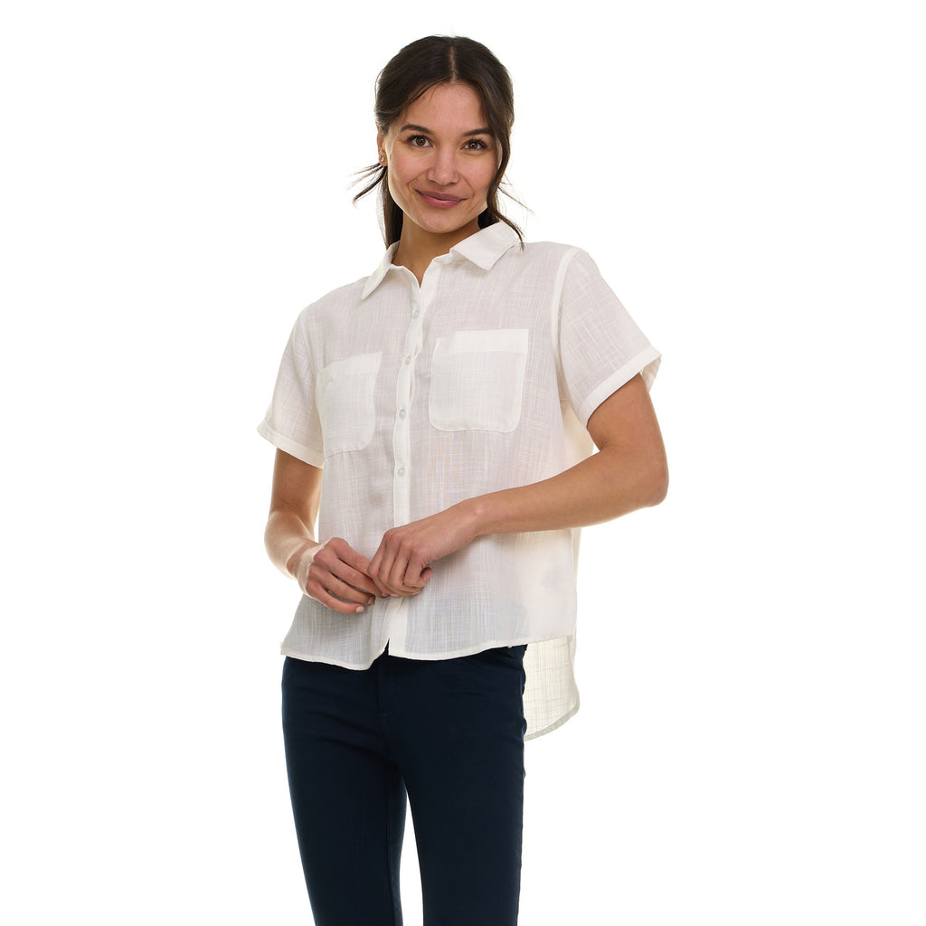Super Triple Goose Women’s Short Sleeve Linen Shirt – Lightweight Button-Up Collared Blouse with Front Pockets