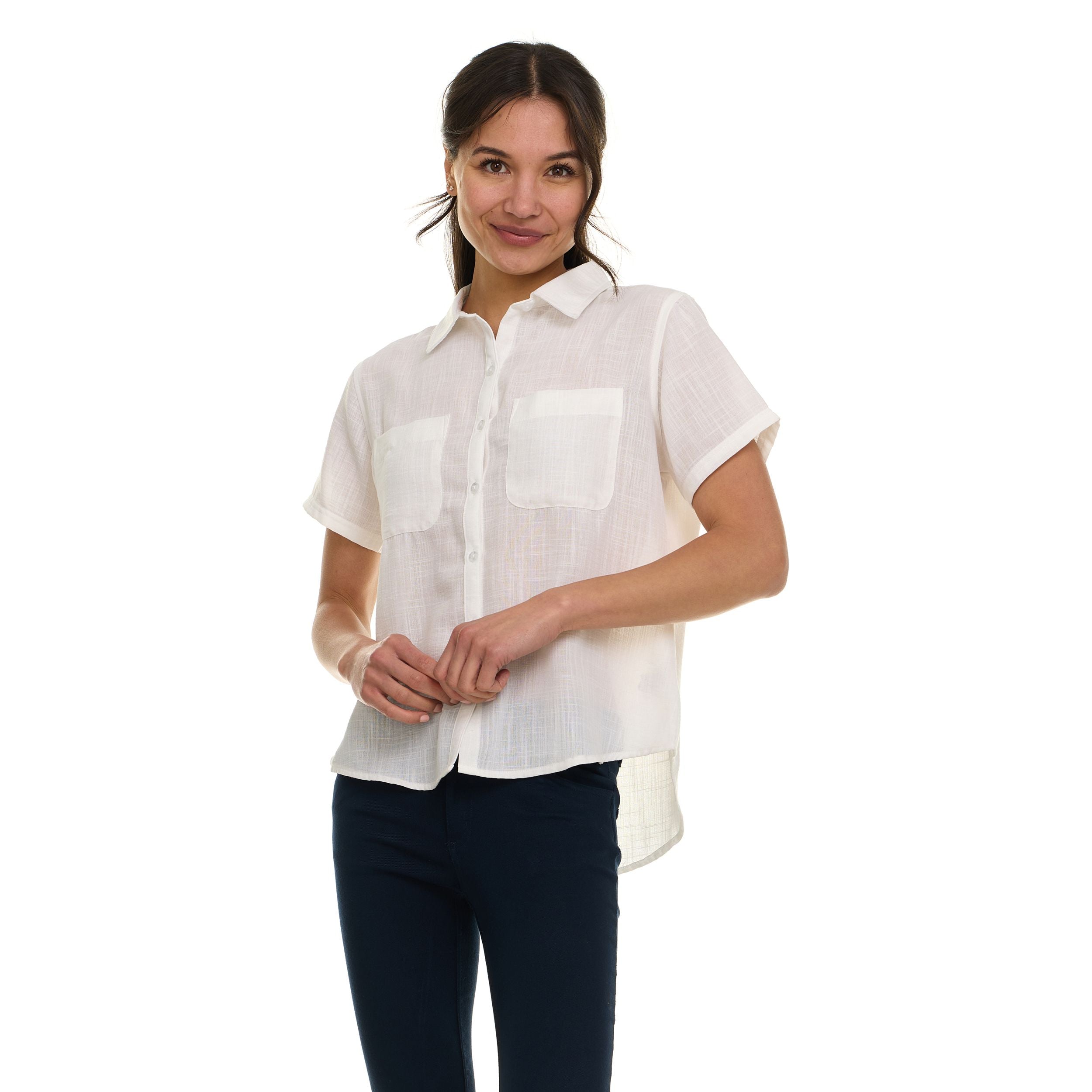 Super Triple Goose Women’s Short Sleeve Linen Shirt – Lightweight Button-Up Collared Blouse with Front Pockets